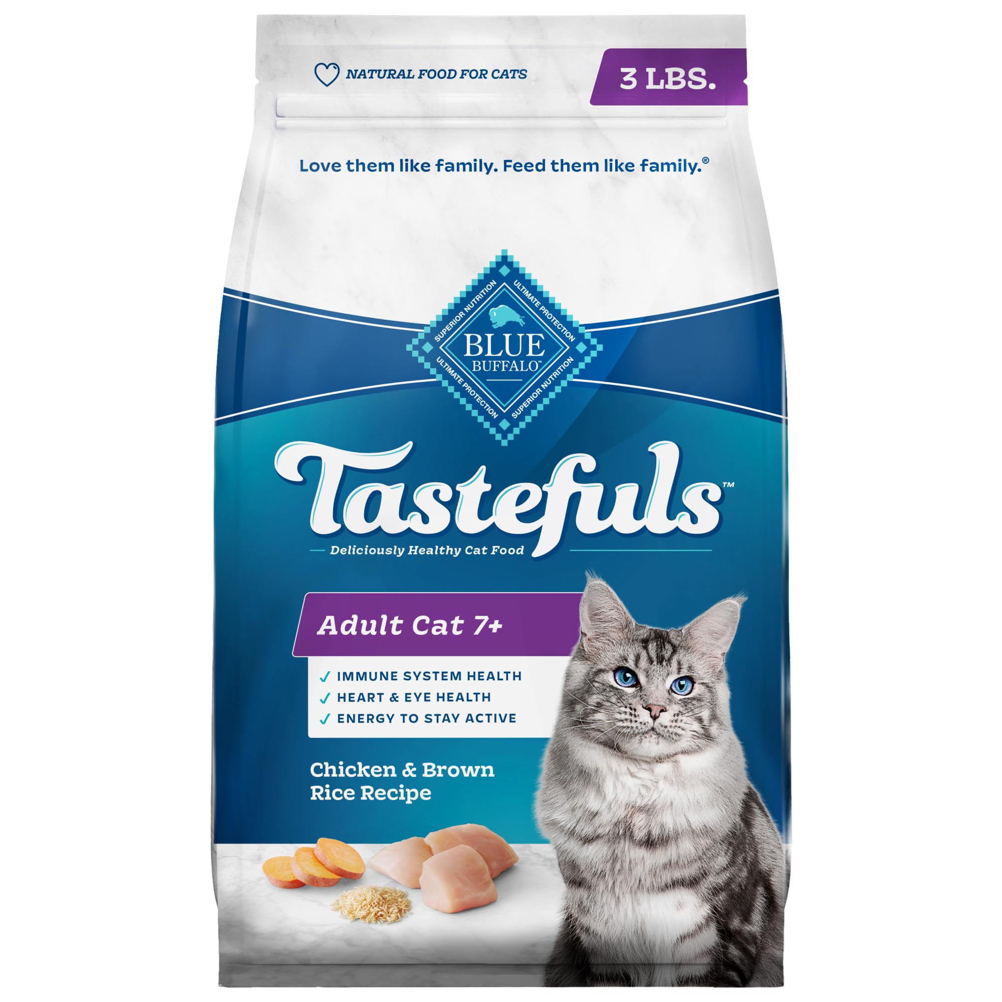 Blue Buffalo Tastefuls Mature Dry Cat Food for Adult Cats 7+ Years - Natural Chicken & Brown Rice Recipe - Made in USA - 3 lb Bag - Perfect for Senior Cats with Sensitive Stomachs