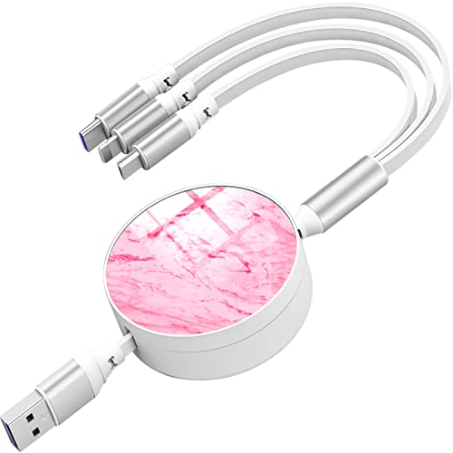 Naiadiy 66W Super Fast Charging Cable 3.3Ft - Retractable 3-in-1 USB C/Micro USB/Lightning Cable (6A) - Compatible with iPhone, Samsung, Android Devices - Pink Marble Design - Perfect for Travel, Home & Office Charging