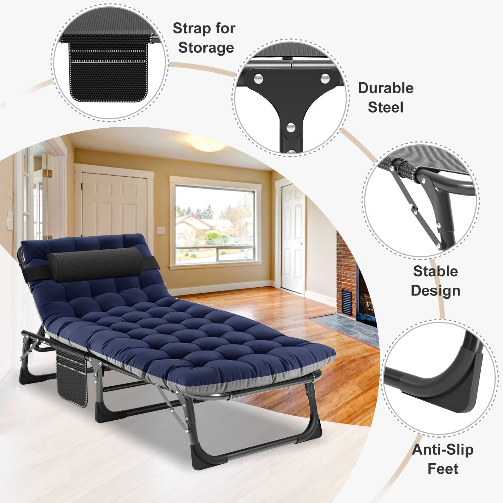 ABORON 5-Position Adjustable Camping Cot for Adults - Portable Folding Sleeping Cot & Lounge Chair with Pillow - Heavy Duty Outdoor Recliner for Beach, Pool, Lawn, Camping, Backyard & Sunbathing | Perfect for Travel, Picnics & Patio Relaxation