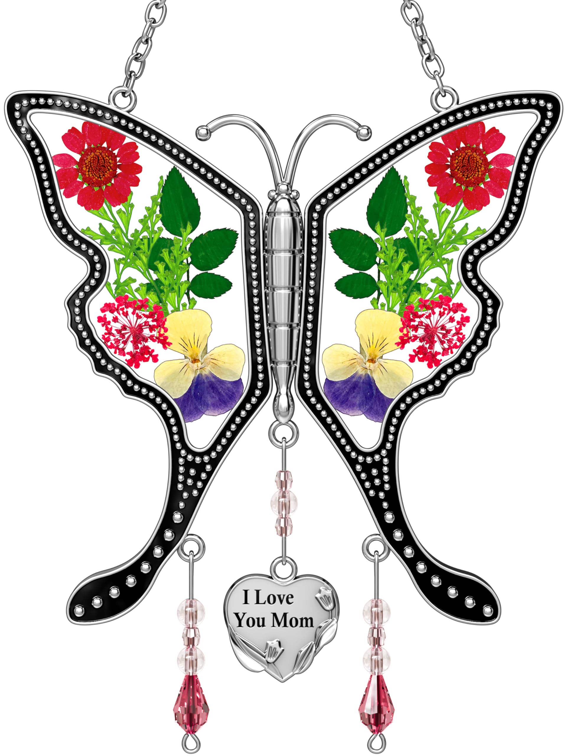 KY&BOSAM Real Flower Pressed Butterfly Suncatcher - Stained Glass with Silver Heart Charm, Unique Mother's Day Gift, Birthday Present for Mom, Valentine's Day Keepsake | Window Decor, Home Garden Ornament, Thoughtful Gift for Wife & Grandma