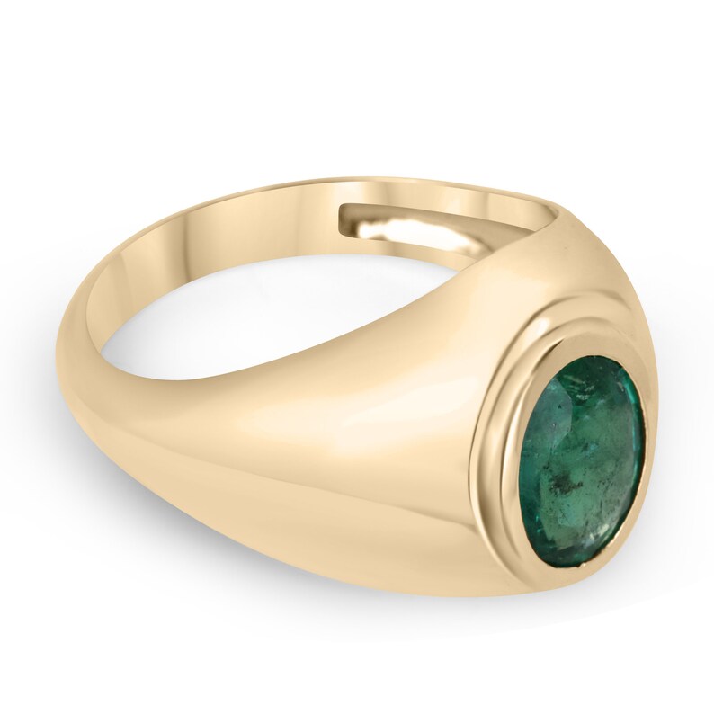 2.60ct 14K Gold Men's Chunky Solitaire Oval Cut Natural Medium Dark Green Emerald Statement Ring for Wedding, Engagement & Special Occasions