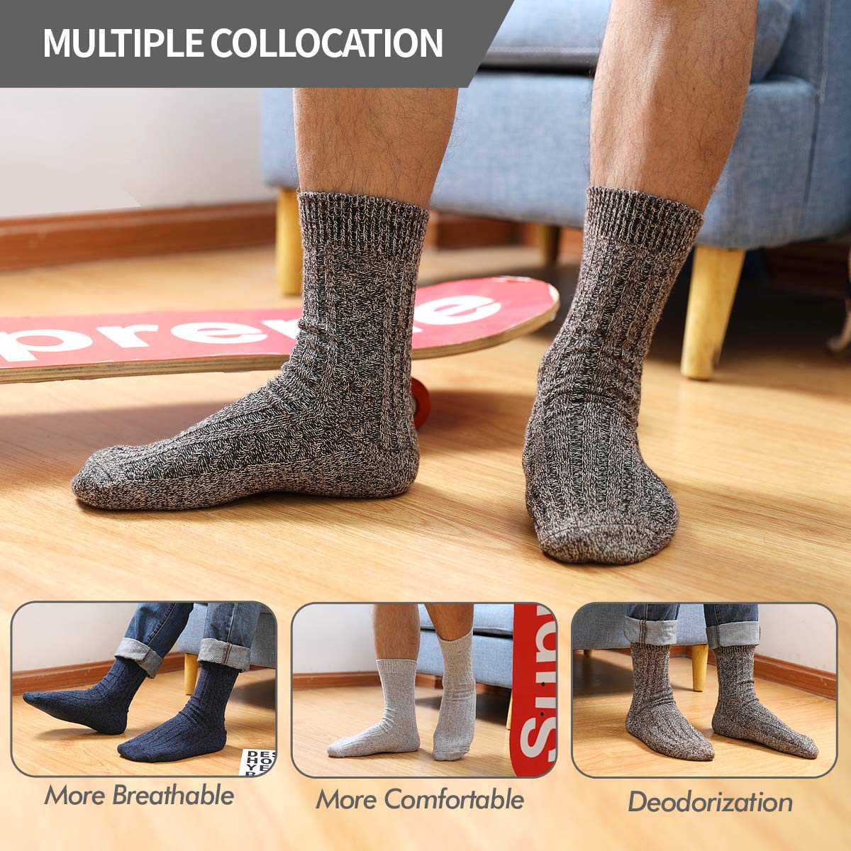 ElifeAcc 5 Pairs of Men's Thick & Warm Wool Socks for Winter - Thermal Hiking, Skiing & Outdoor Activities Socks for Cold Weather