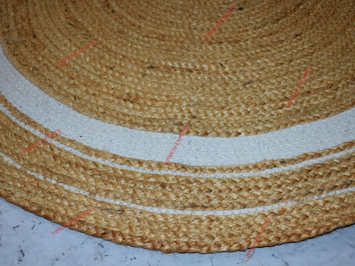 Vipanth Natural Jute Rug Handmade Round Area Rug - 12 Feet (144x144 Inches) Braided Home Decor Rug in Beige & White - Perfect for Living Room, Bedroom or Boho Style Decor