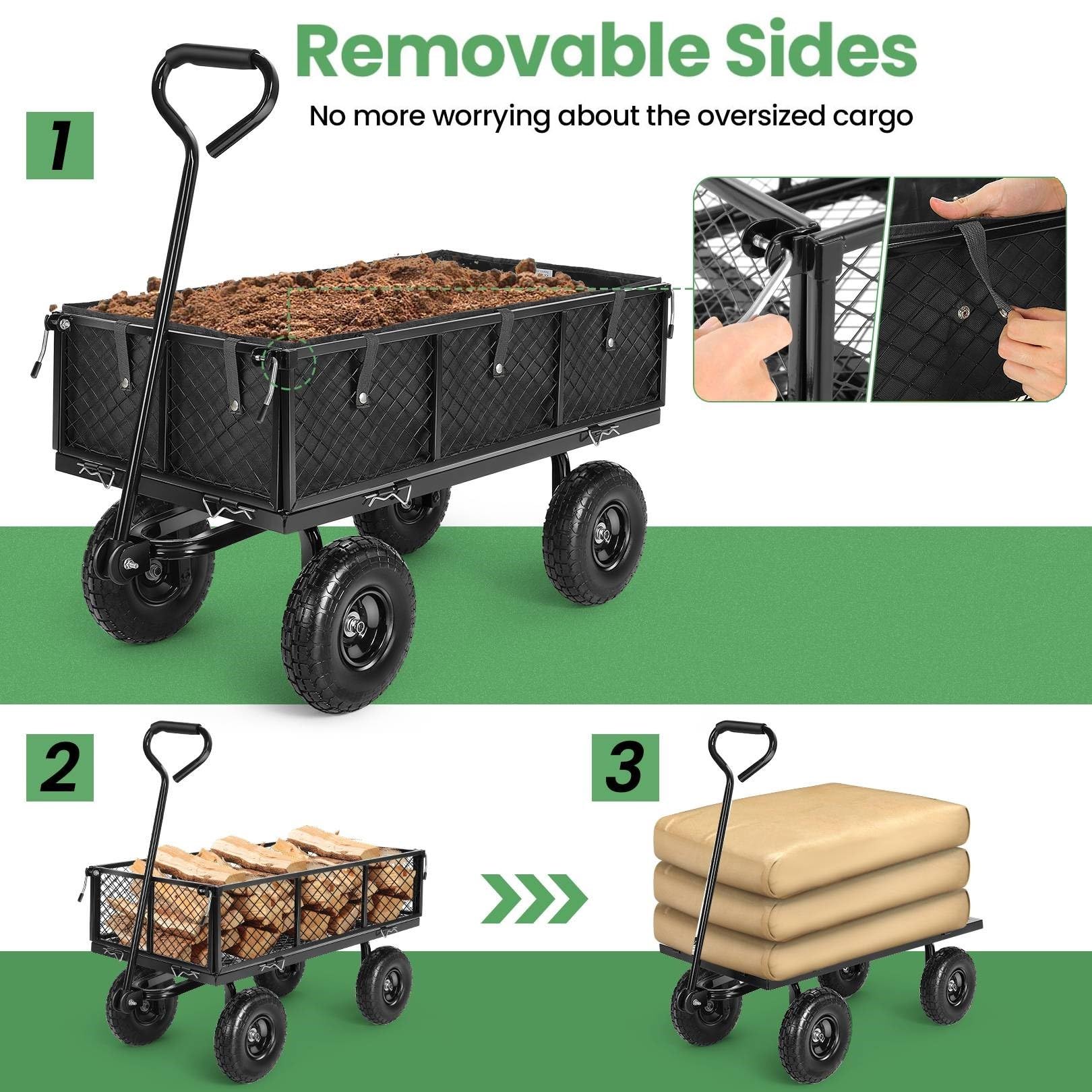 Homdox MAX 880LB Heavy Duty Foldable Garden Cart with 180° Rotating Handle - Collapsible Mesh Wagon for Yard, Garden, Beach & Farm Use (Includes Storage Bag) - Perfect for Hauling Soil, Mulch, Firewood & Outdoor Equipment