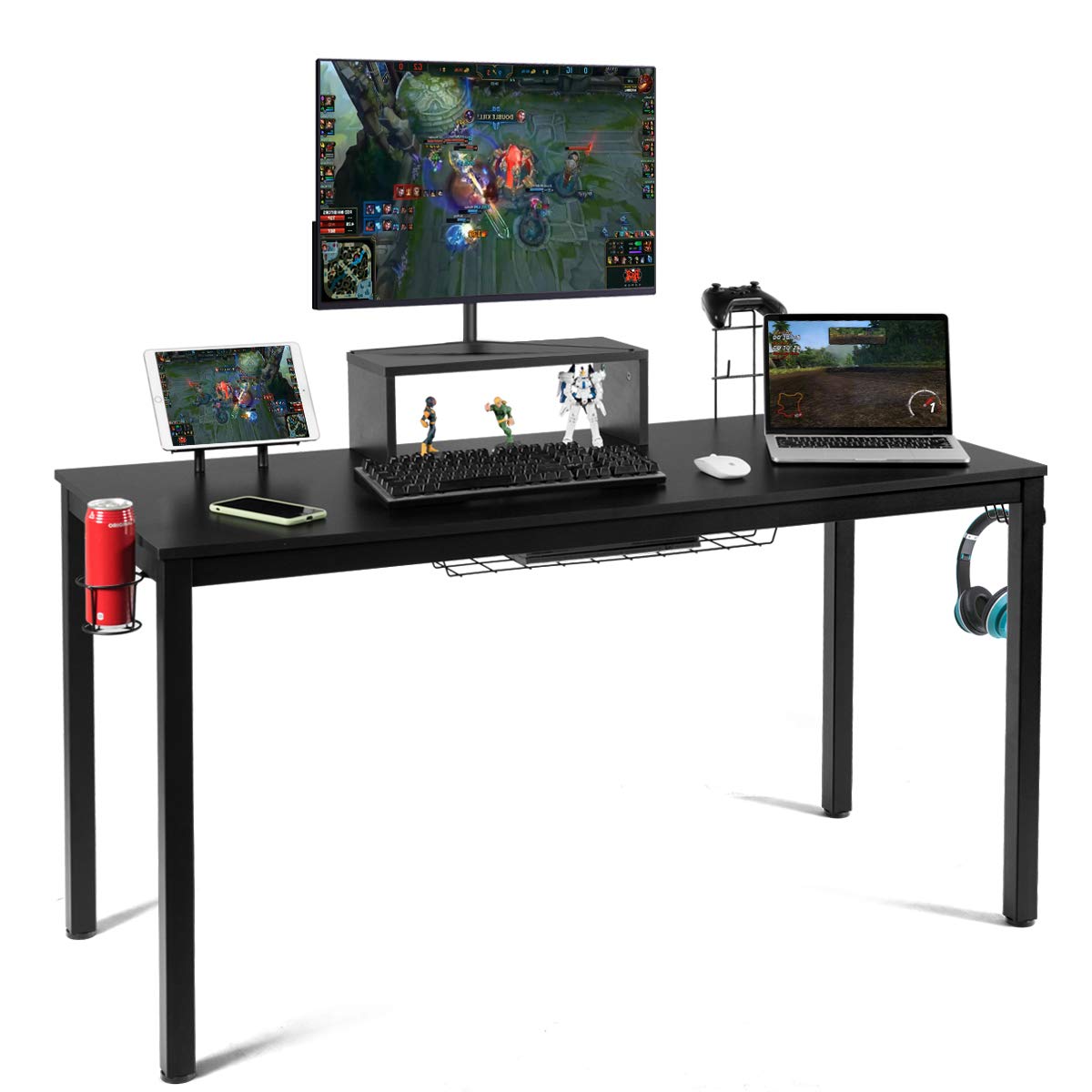 Tangkula 55 Inch Large Gaming Computer Desk - Ergonomic Home Office Desk with Monitor Shelf, Cup Holder, Tablet Board & Headphone Hook - Study Workstation with Storage Basket for PC, Laptop & Console Gaming (Black) - Perfect for Home Office, Gaming Setup & Remote Workstations