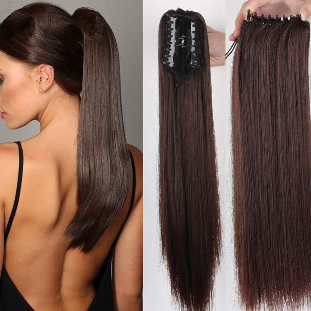 Remeehi 100% Real Human Hair Ponytail Extensions - 22 Inch Straight Claw Clip Hairpiece (125g, Dark Brown #2) for Women - Perfect for Daily Wear, Parties, Weddings & Special Occasions