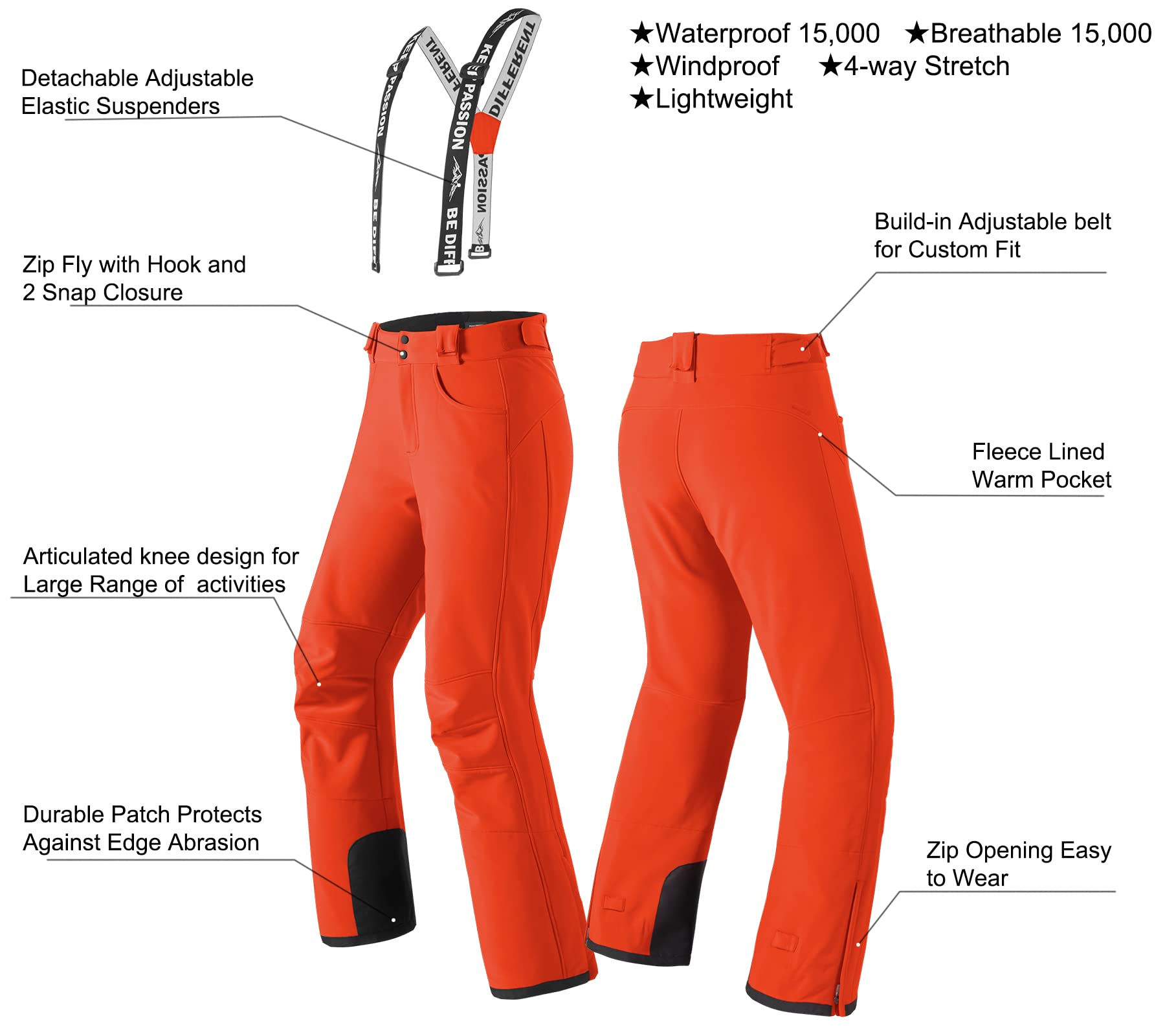 Women's Warm Waterproof Ski Pants with Zip-Off Suspenders - Breathable Stretch Snow Bibs for Winter Sports & Outdoor Activities