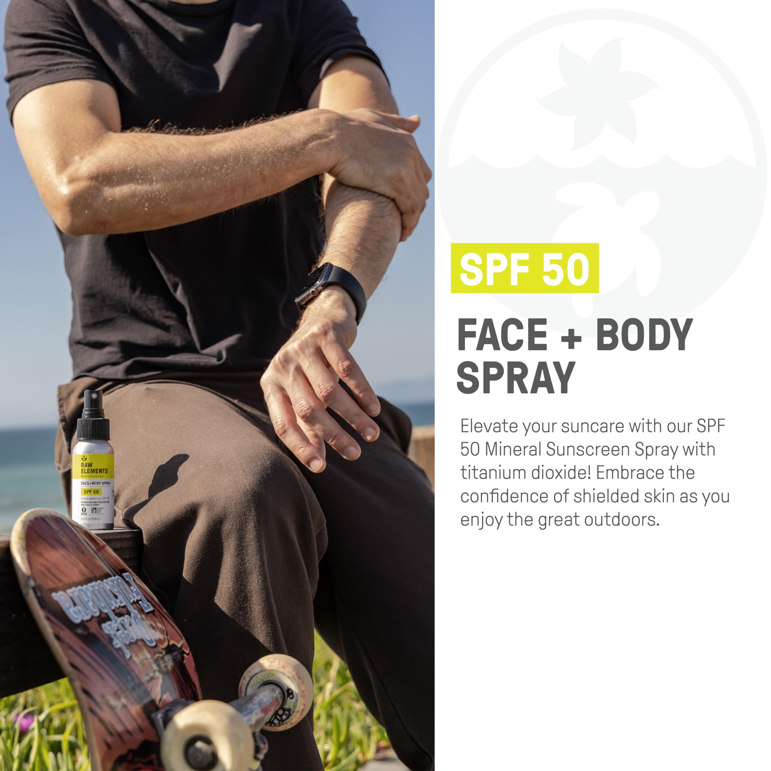 Raw Elements SPF 50 Mineral Sunscreen Spray - All Natural, Reef Safe & Water Resistant | Broad Spectrum UVA/UVB Protection for Face & Body | Safe for Kids & Adults | Travel Size 2oz | Perfect for Beach, Pool, Hiking & Outdoor Activities