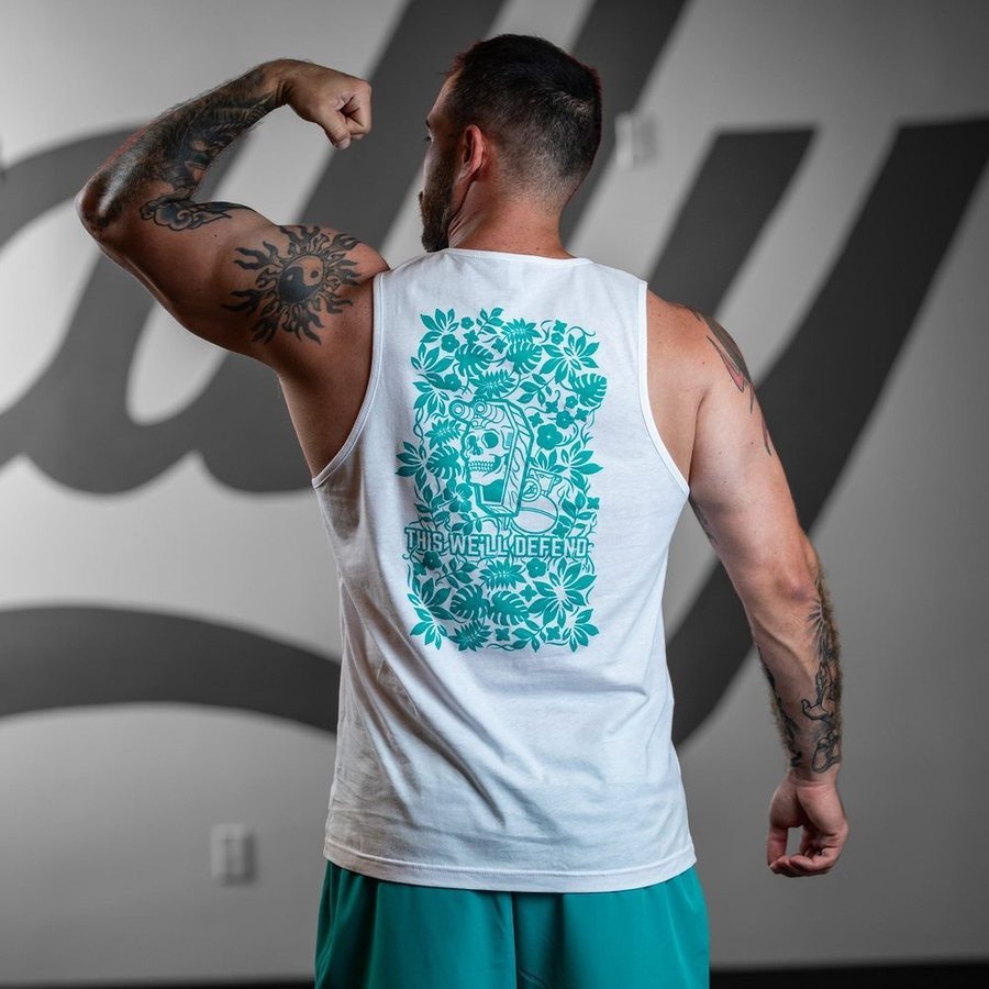 Tropical Death Aqua Tank - White | Trendy Graphic T-Shirt for Men & Women | Perfect for Beach, Vacation & Summer Outfits