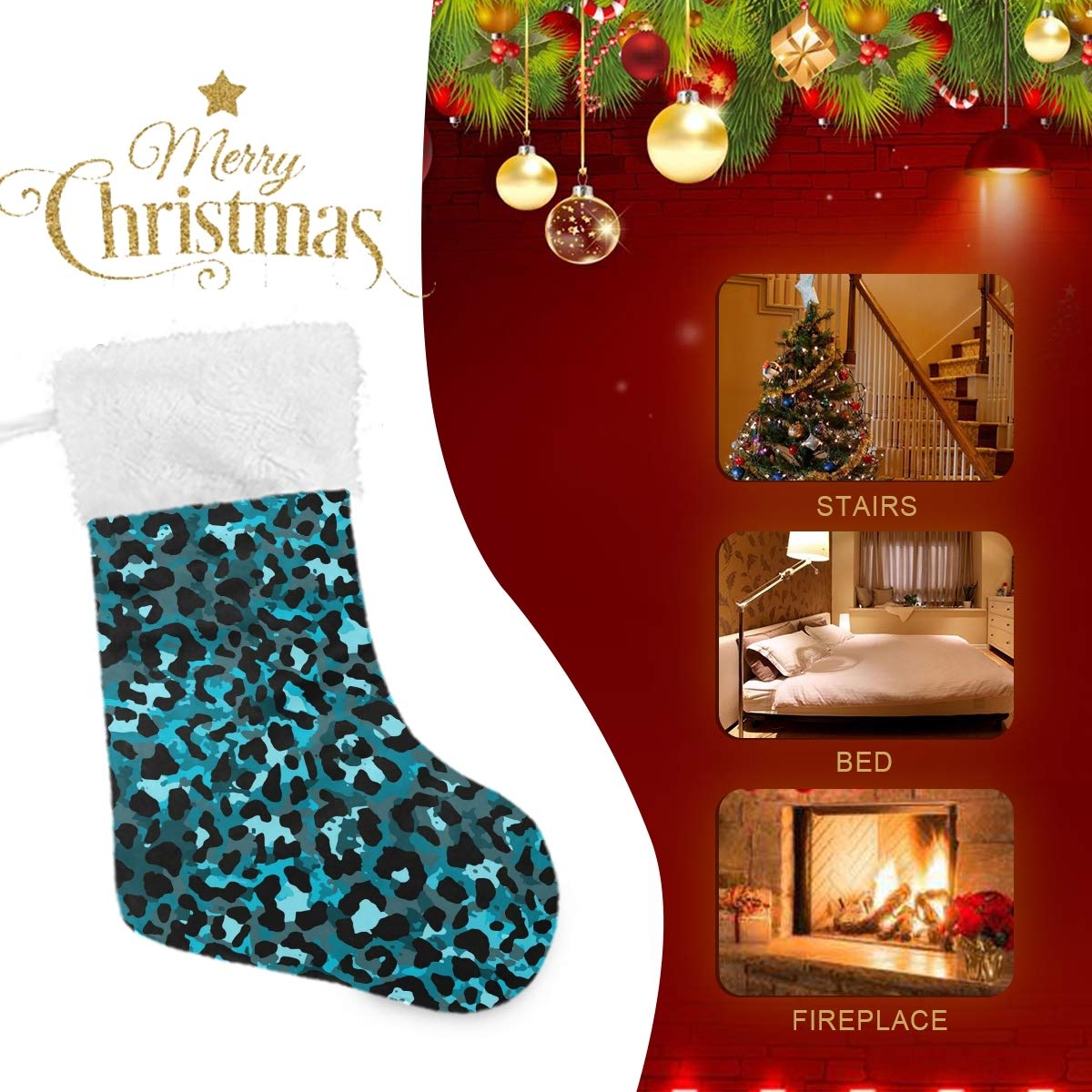 Fashion Teal Green Leopard Print Faux Fur Christmas Stockings - 17 Inch Large Hanging Socks for Fireplace, Holiday Decor, Xmas Party & Family Gatherings (1 Piece) - Perfect for Gift Exchanges, Stocking Stuffers & Festive Home Decoration