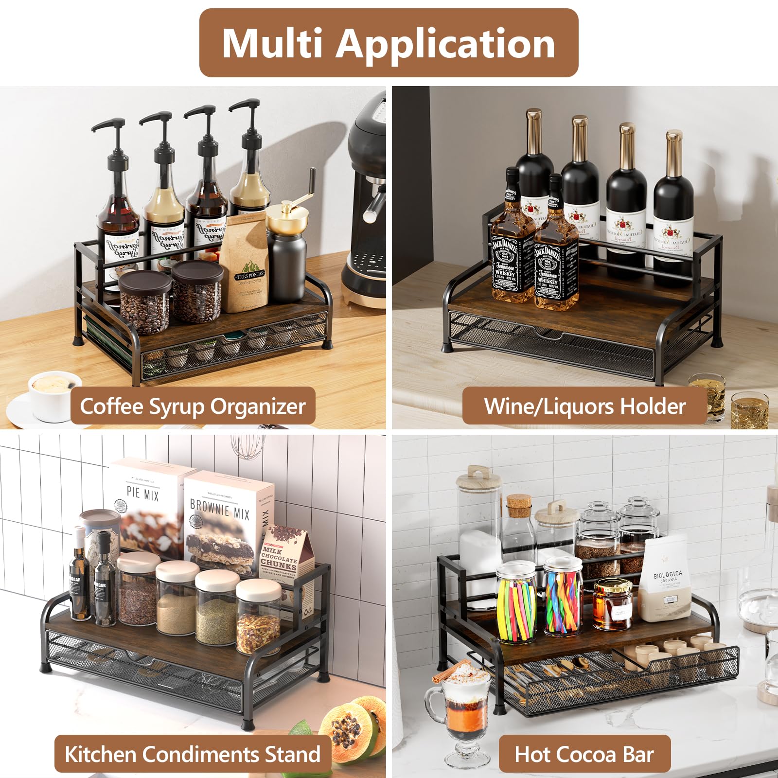 3-Tier Coffee Syrup Rack Organizer - Holds 8 Bottles & 35 K-Cups | Space-Saving Storage for Coffee Bars, Kitchens & Home Cafes | Perfect for Syrups, Wine Bottles, Salad Dressings & Coffee Pod Organization