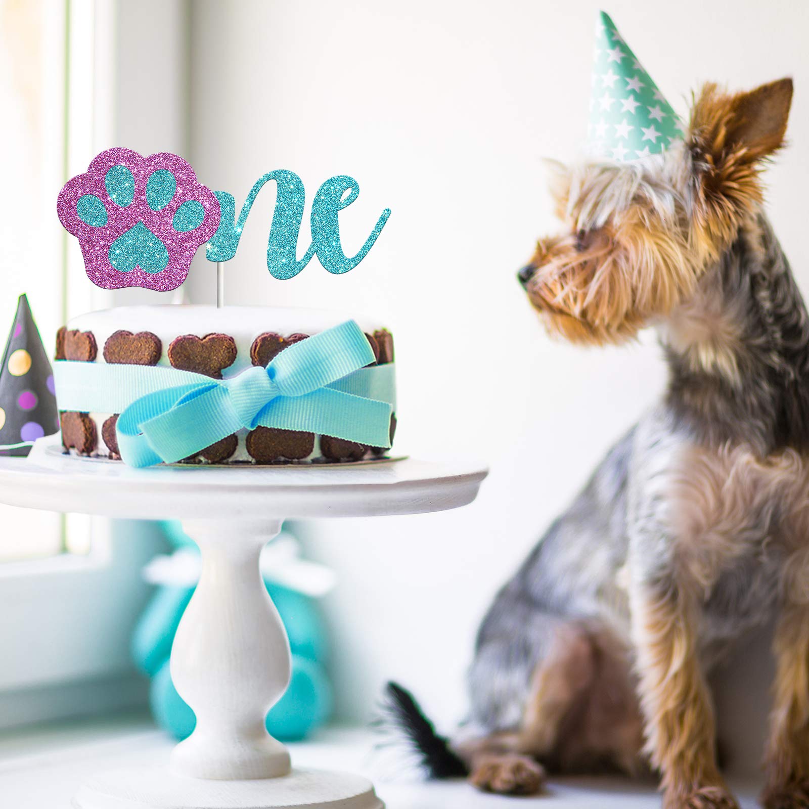Happy 1st Birthday Cake Topper for Dogs - Lets Pawty One Glitter Dog Cake Decorations in Blue & Pink - Perfect for Puppy Birthday Party Supplies & Pet Celebration Cakes