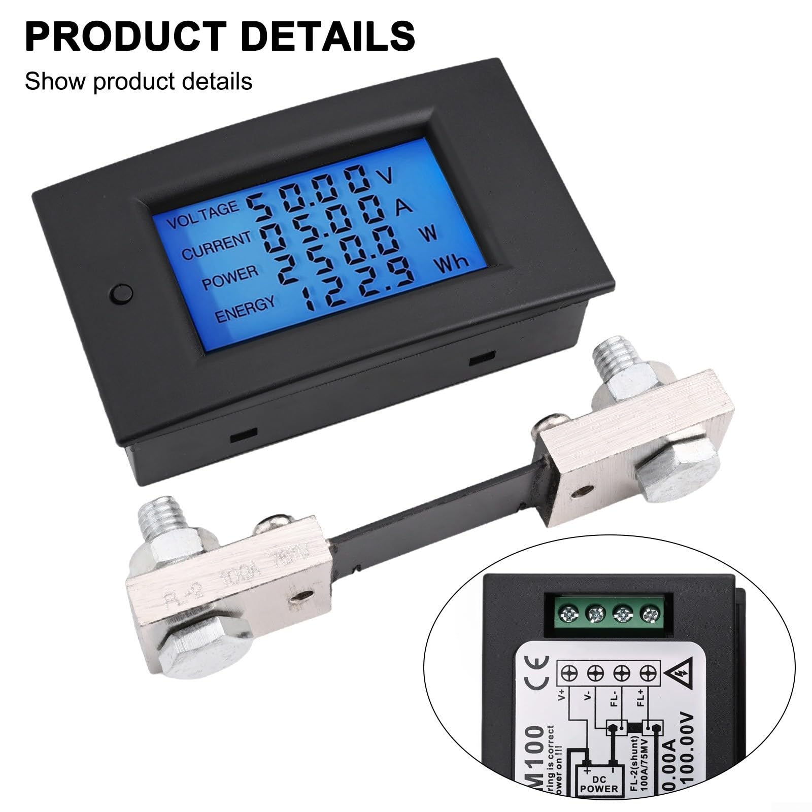 DC Digital Meter 100A LCD Display - Measure Current, Voltage, Power & Energy - Low Power Consumption - Perfect for Home Energy Monitoring & Electrical Testing