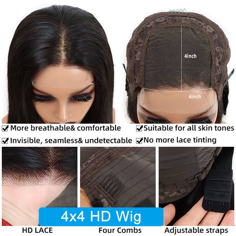 Eullair 4x4 HD Transparent Lace Closure Wig - 100% Human Hair Wigs for Women with All Textures (12