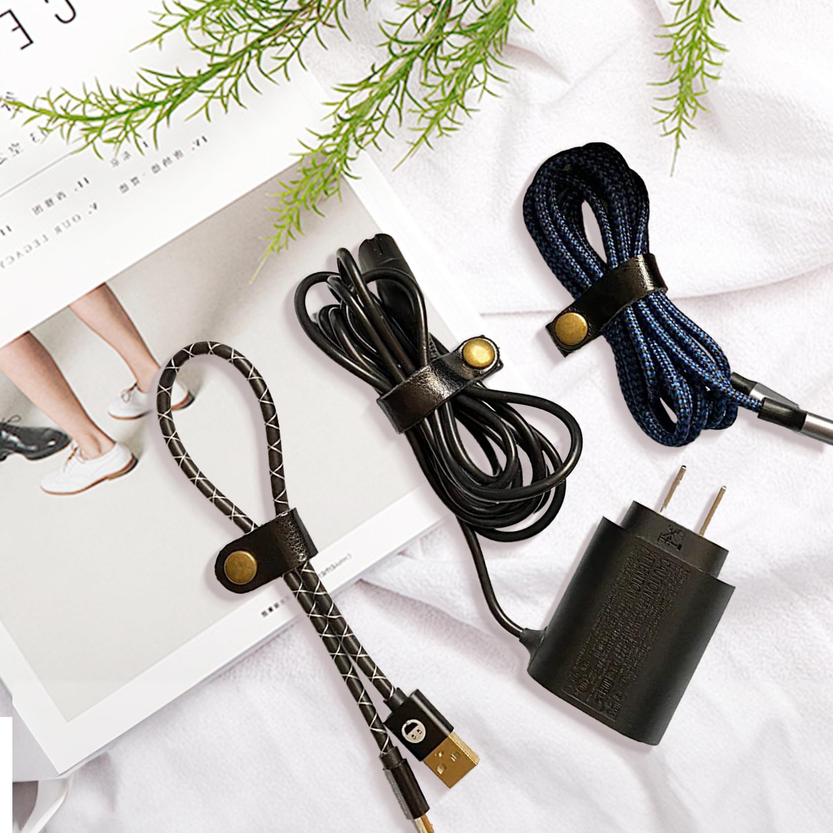 Premium Genuine Leather Cable Ties - 10 Long & 10 Short Cord Organizers with 2 Square Holders - Stylish Cord Winder for Home Office Desk, Travel, Electronics & Car Accessories Organization