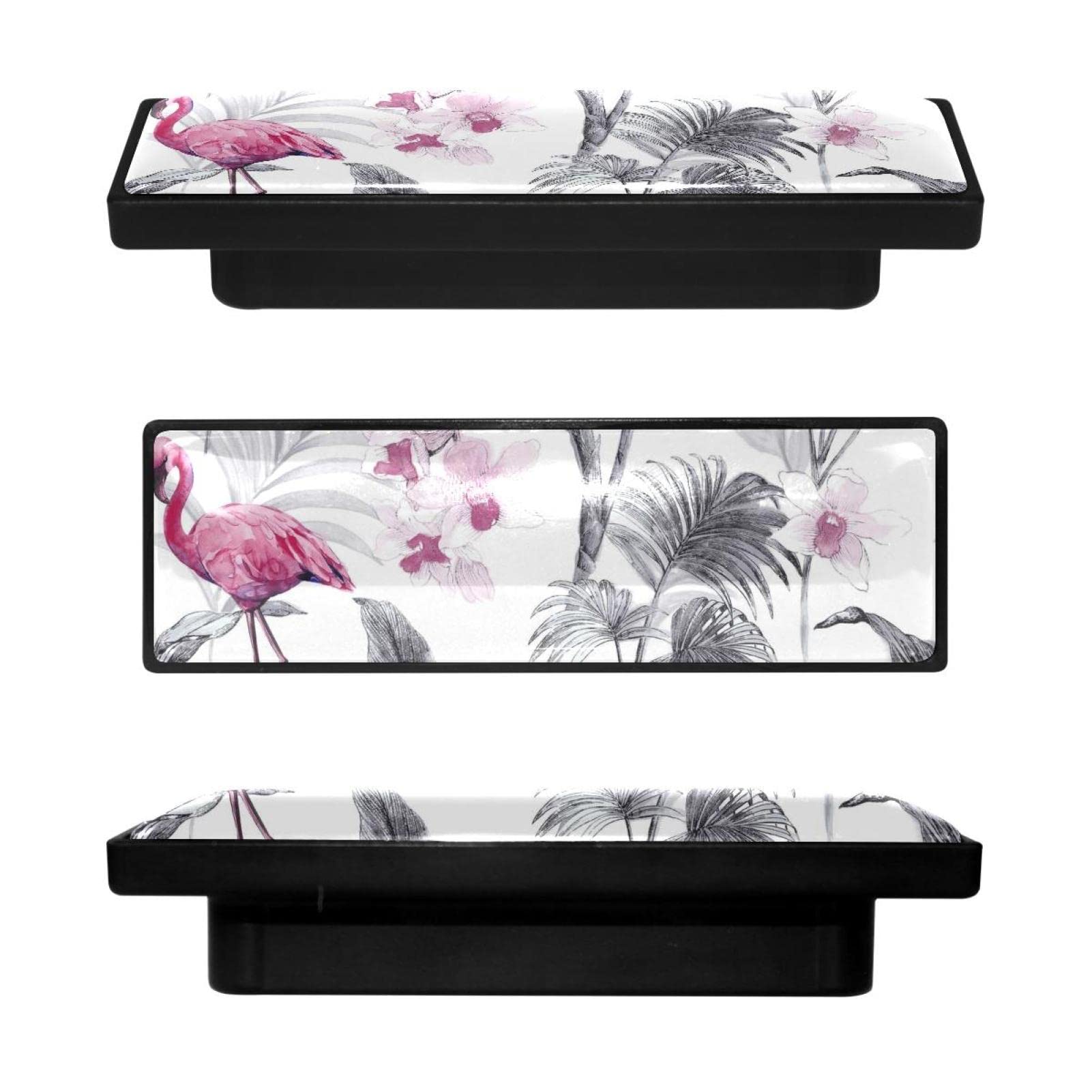 Pink Flamingo Cabinet Knobs - 4PCS Rectangle Decorative Drawer Pulls for Kitchen Cabinets, Closet, Dresser - Vintage Style Hardware with Wallpaper Design - Perfect for Home Decor, DIY Furniture Upgrade & Coastal Themed Interiors