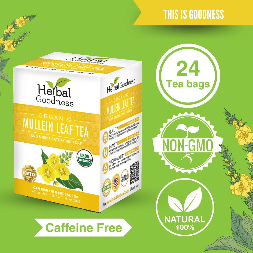Organic Mullein Leaf Tea Bags - Supports Lung & Respiratory Health, Boosts Immune & Digestive System, 24 Herbal Tea Bags for Wellness | Perfect for Cold Relief, Allergy Season & Daily Detox