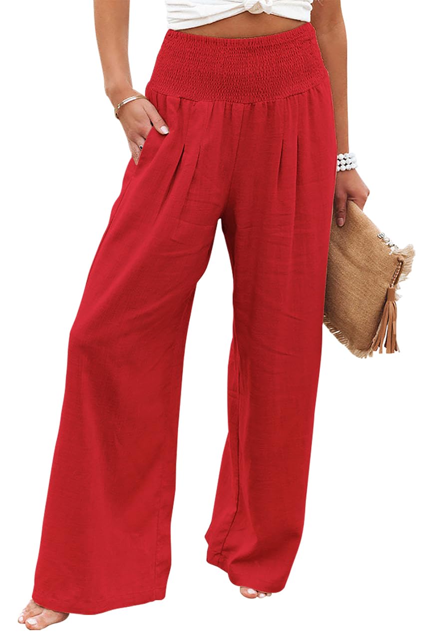 Women's Smocked High Waisted Cotton Linen Wide Leg Palazzo Pants with Pockets - Comfortable Summer Casual Pants for Beach, Office & Travel
