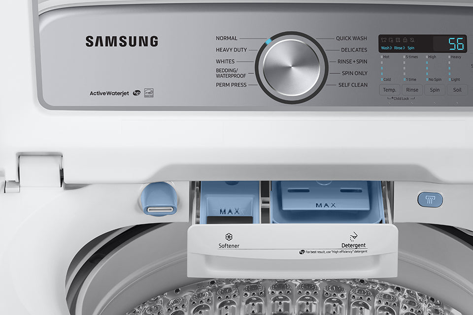 Samsung 5.8 Cu.Ft White Top Load Washing Machine with Active Water Jet & EZ Access Tub - WA50R5200AW/US - Perfect for Large Families & Heavy Laundry Loads