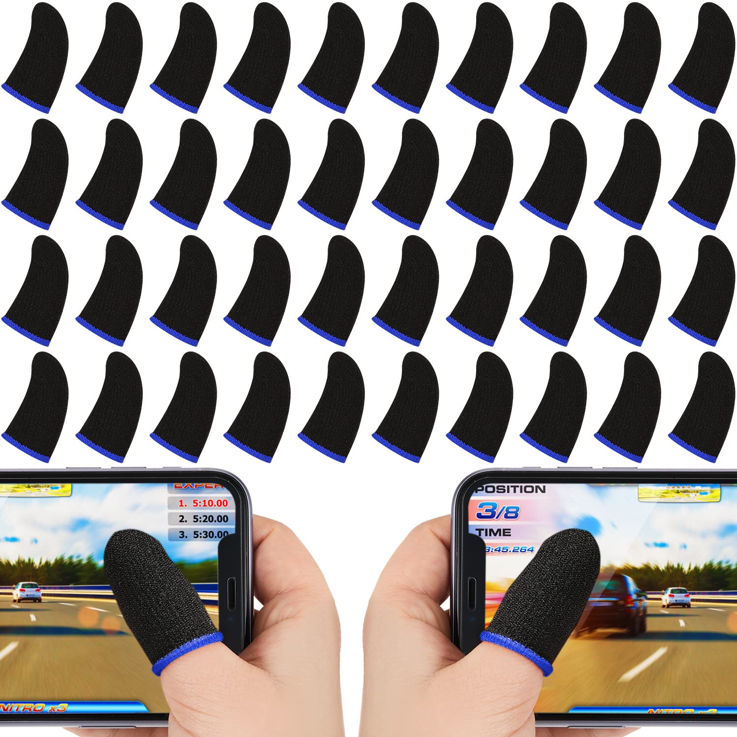 Jiuguva 120 Pcs Anti-Sweat Gaming Finger Sleeves - Breathable Controller Thumb Covers for Touchscreen Mobile Games (4 Designs, Blue) - Perfect for Long Gaming Sessions on PS5, Xbox & Smartphones