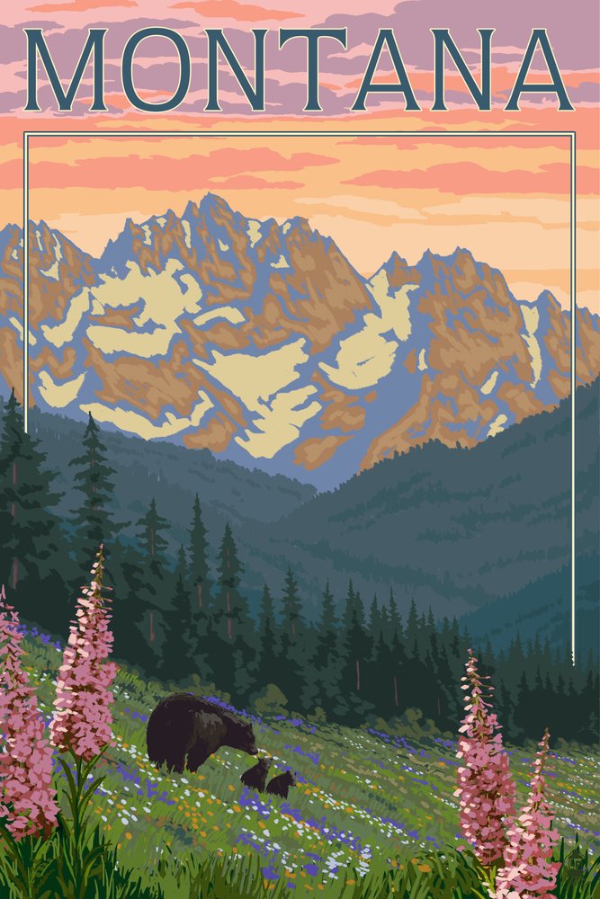Montana Bear Family and Spring Flowers - 24x36 Giclee Art Print - Travel Poster Wall Decor for Living Room, Bedroom & Office - Nature Inspired Home Decoration