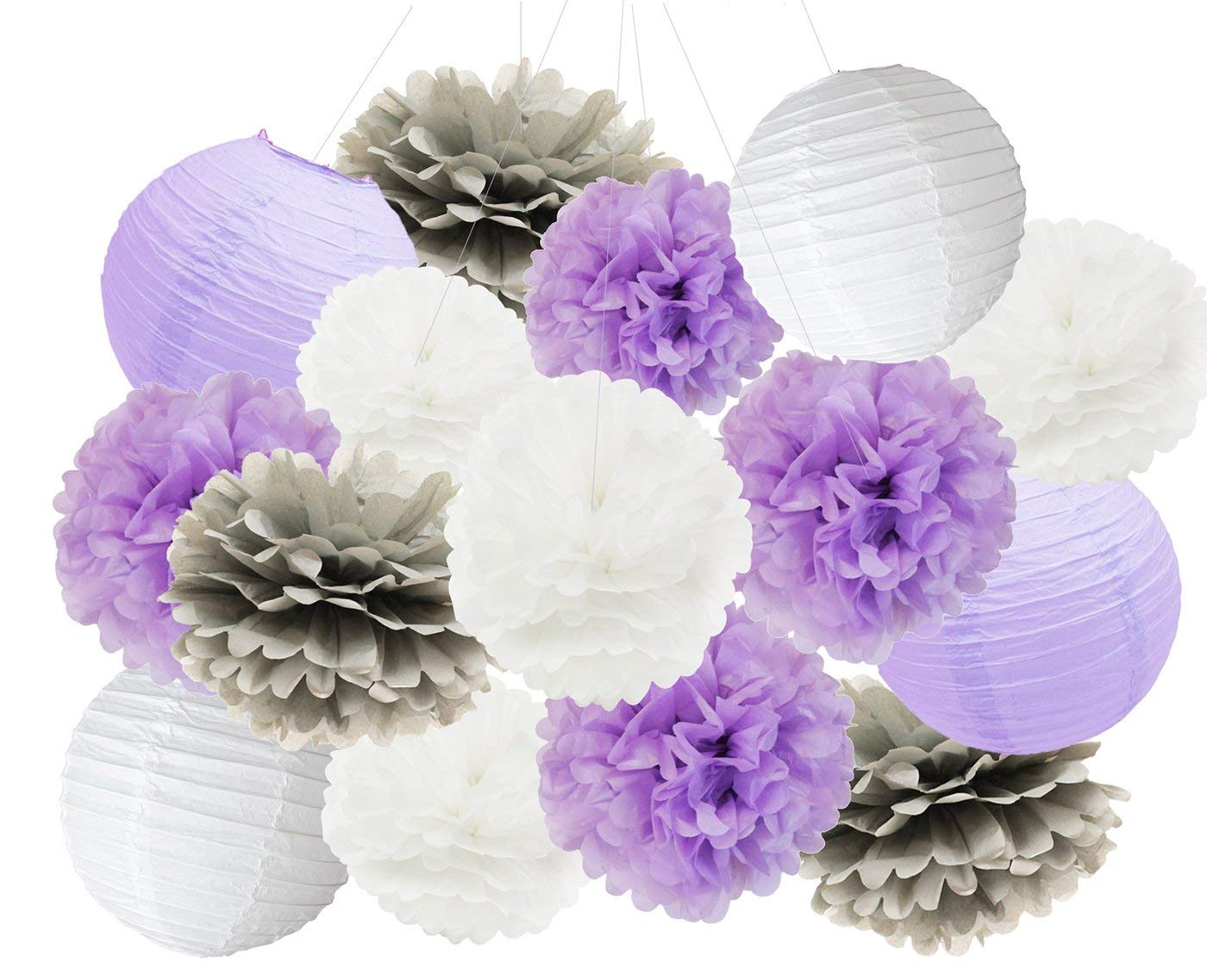 16-Piece White Lavender Grey Purple Tissue Paper Pom Poms & Lanterns - Elephant Baby Shower Decorations for Lavender Themed Party, Bridal Shower, Birthday Decor | Nursery, Wedding, Baby Shower Party Supplies