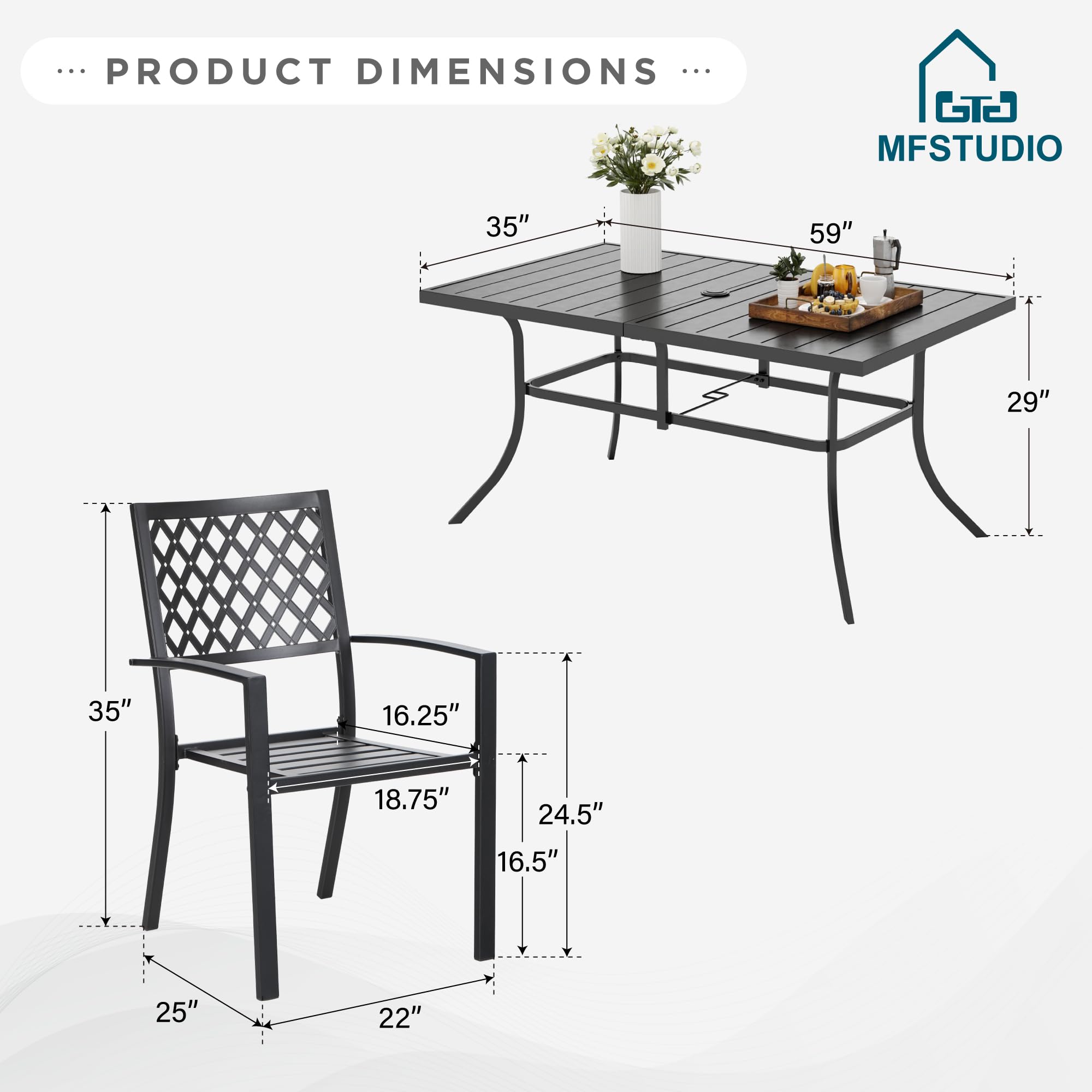 MFSTUDIO 7-Piece Outdoor Dining Set - 6 Metal Mesh Chairs & 1 Steel Rectangle Table with Umbrella Hole - Black Patio Furniture for Garden, Backyard, Poolside & Outdoor Entertaining