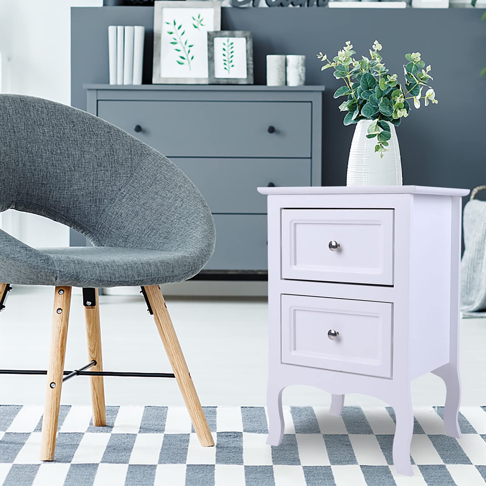 Farmhouse Nightstand with 2 Drawers - White Wooden Bedside Table for Bedroom, Living Room & Dorm | Sturdy Storage End Table for Sofa, Perfect for Reading Lamps, Books & Bedroom Essentials