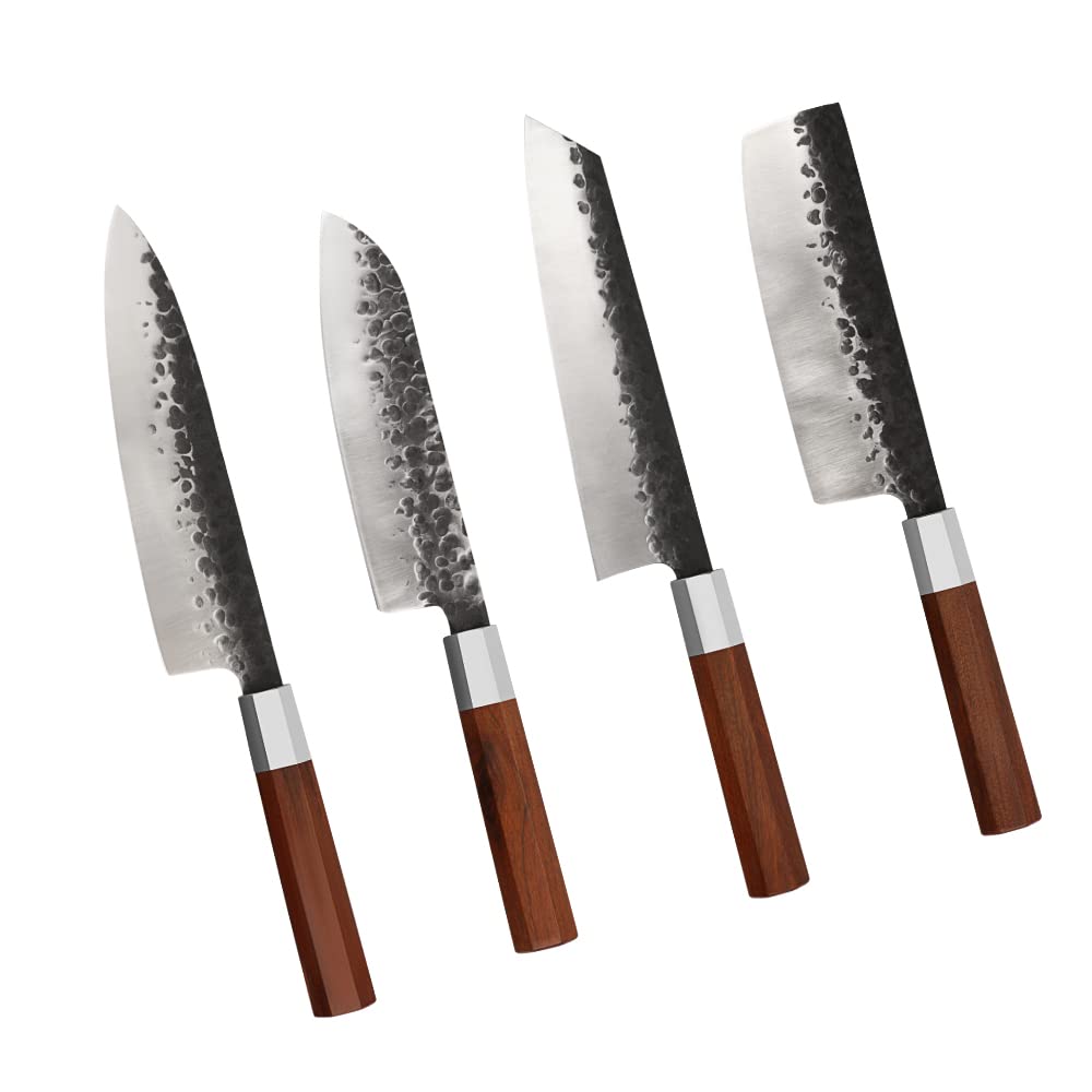 LIFVCNT 4-Piece Japanese Chef Knife Set - Professional Carbon Steel Forged Kitchen Knives with Sharp Santoku & Rust-Proof Gyuto - Perfect for Sushi, Meat Cutting & Vegetable Chopping