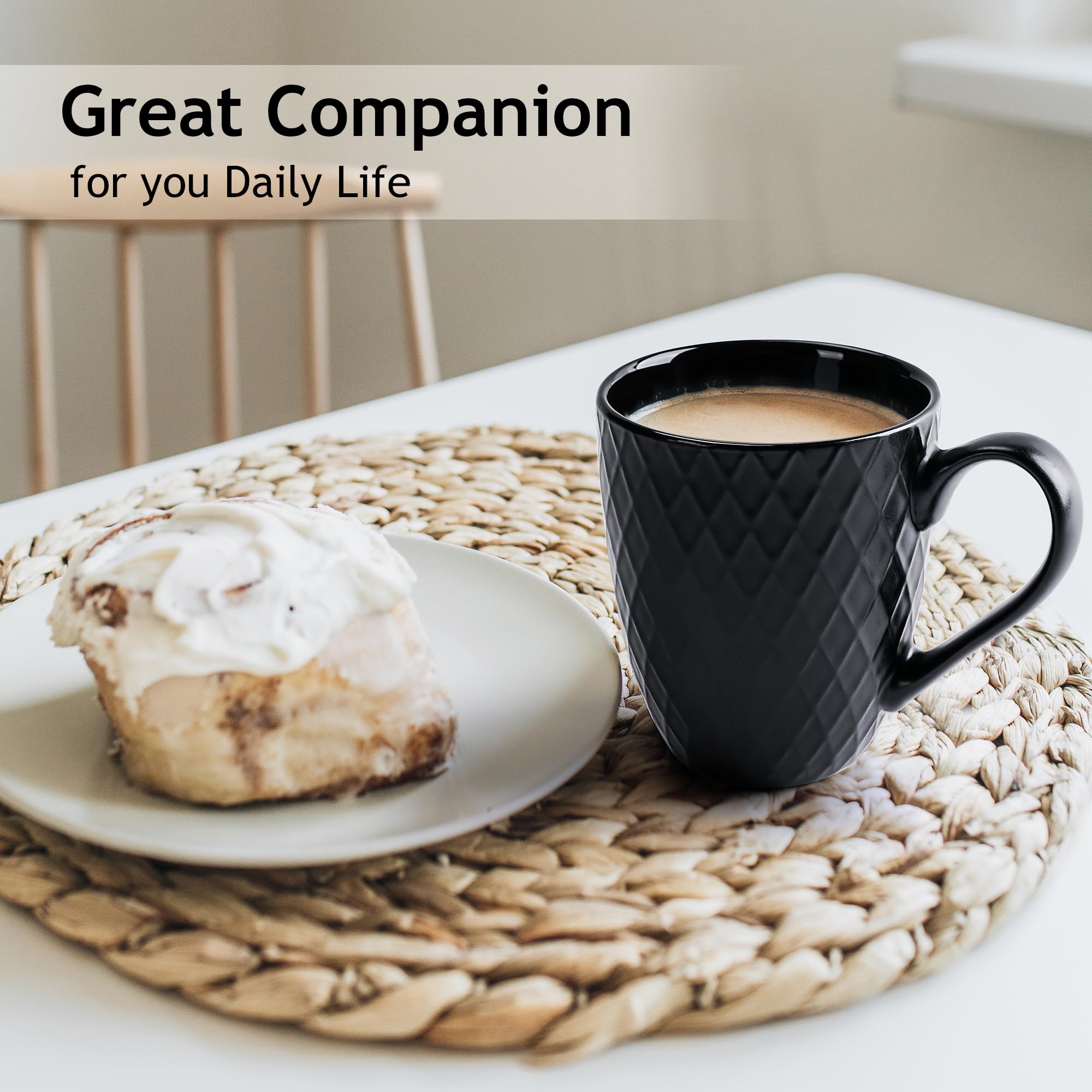 MIAMIO - 6-Pack 14 Oz Ceramic Coffee Mugs Set, Large Coffee Cups - Microwave & Dishwasher Safe - Palmanova Collection (Black) - Perfect for Home, Office & Gifts
