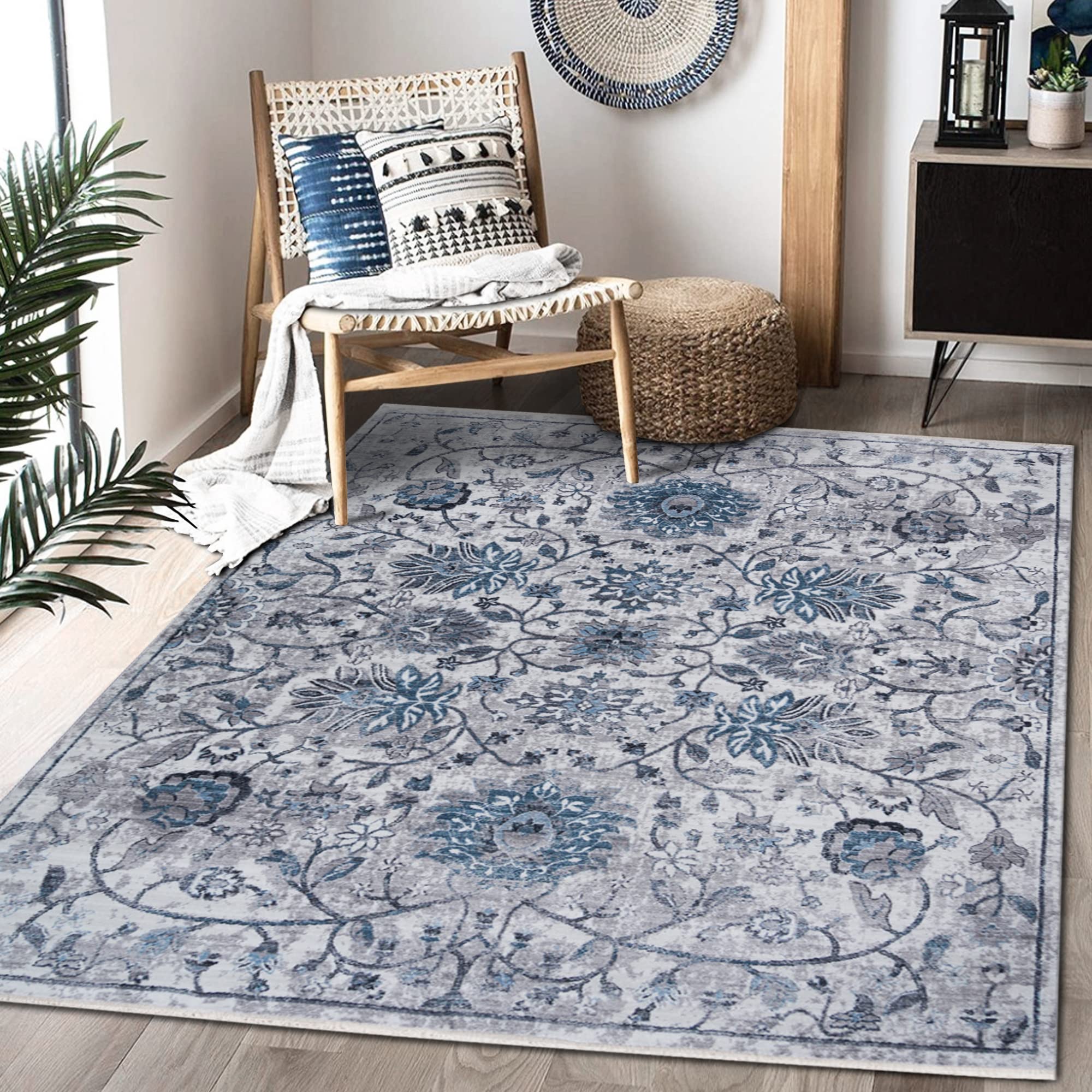 Vintage Bohemian Floral Oriental Distressed 8x10 Area Rug - Non-Slip Soft Living Room Rug, Bedroom Carpet & Dining Room Floor Mat - Modern Home Decor for Boho Chic, Farmhouse, and Eclectic Style Homes