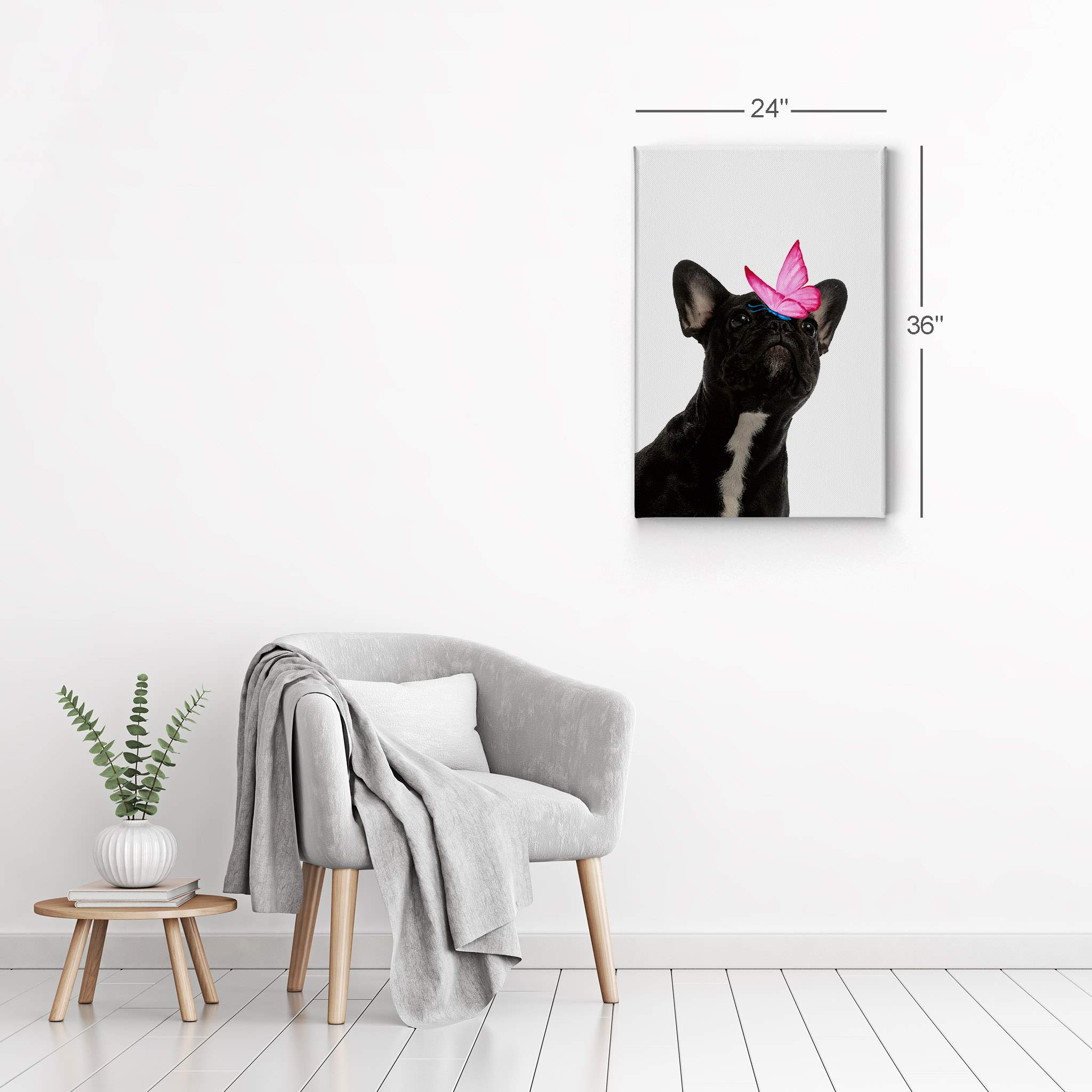 French Bulldog Portrait with Pink Butterfly - Animal Canvas Wall Art Print for Pet Lovers, Dog Owners & Home Decor - Perfect Gift for Mom, Dad & Kids - Ready to Hang 36x24 - Ideal for Living Room, Bedroom & Nursery Decor