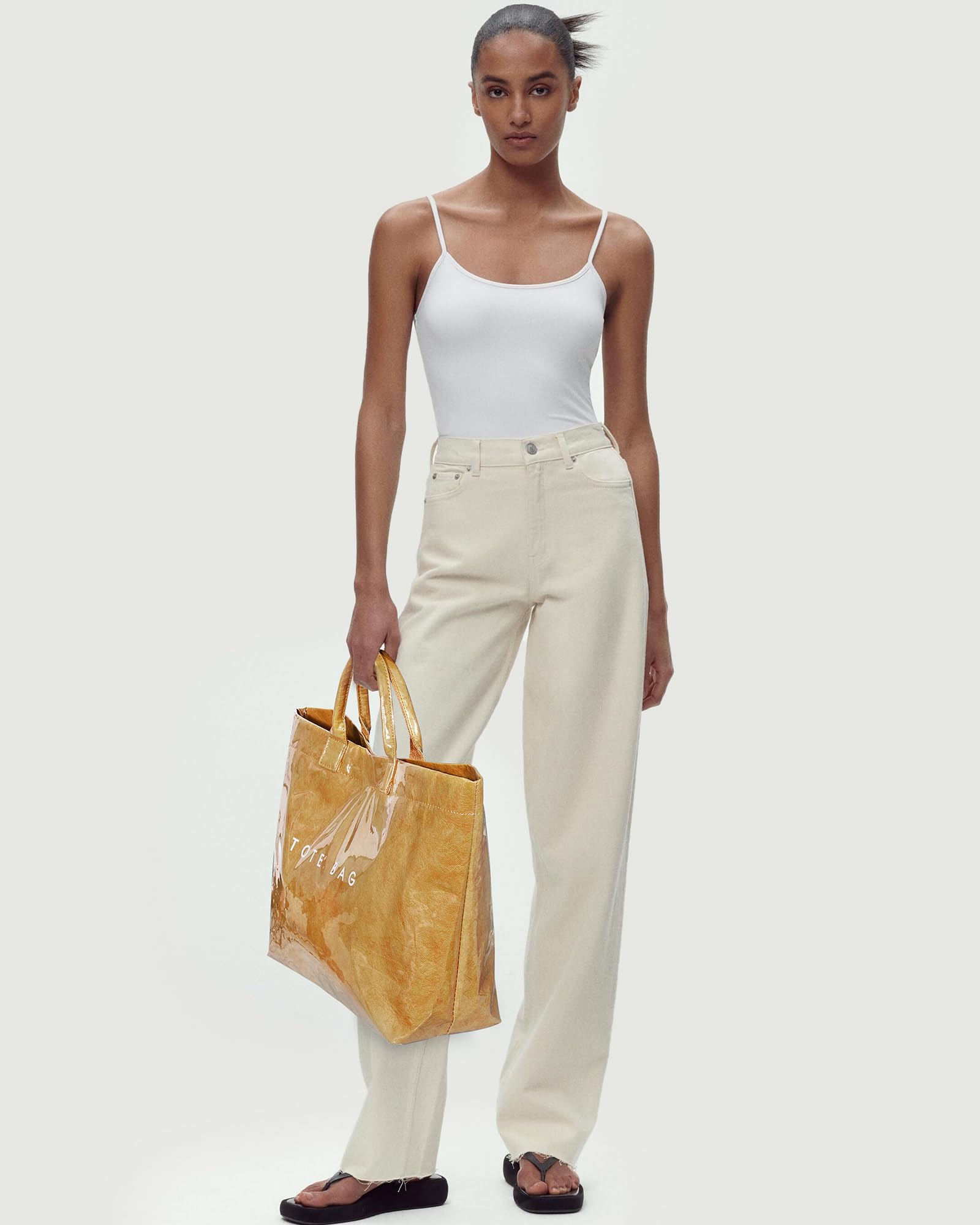 Stylish Large PVC Tote Bag for Women - Clear Plastic Handbag with Trendy Letters Print, Perfect for Beach, Shopping, Gym & Everyday Use