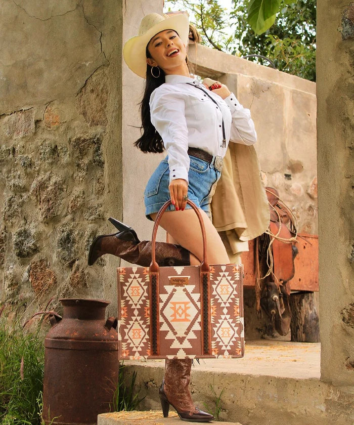 Wrangler Aztec Print Canvas Tote Bag for Women - Stylish & Durable Handbag for Shopping, Beach, Work & Travel
