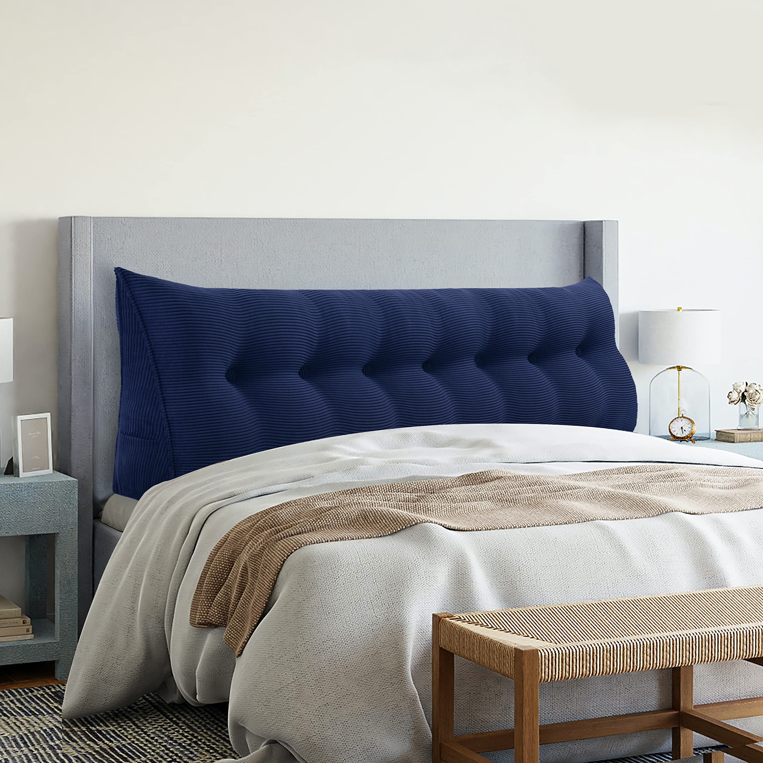 **King Size Wedge Headboard Pillow with Removable Cover - Deep Blue Triangle Bolster Pillow for Daybeds, Beds & Sofas - Perfect for Reading, Relaxing & Back Support**