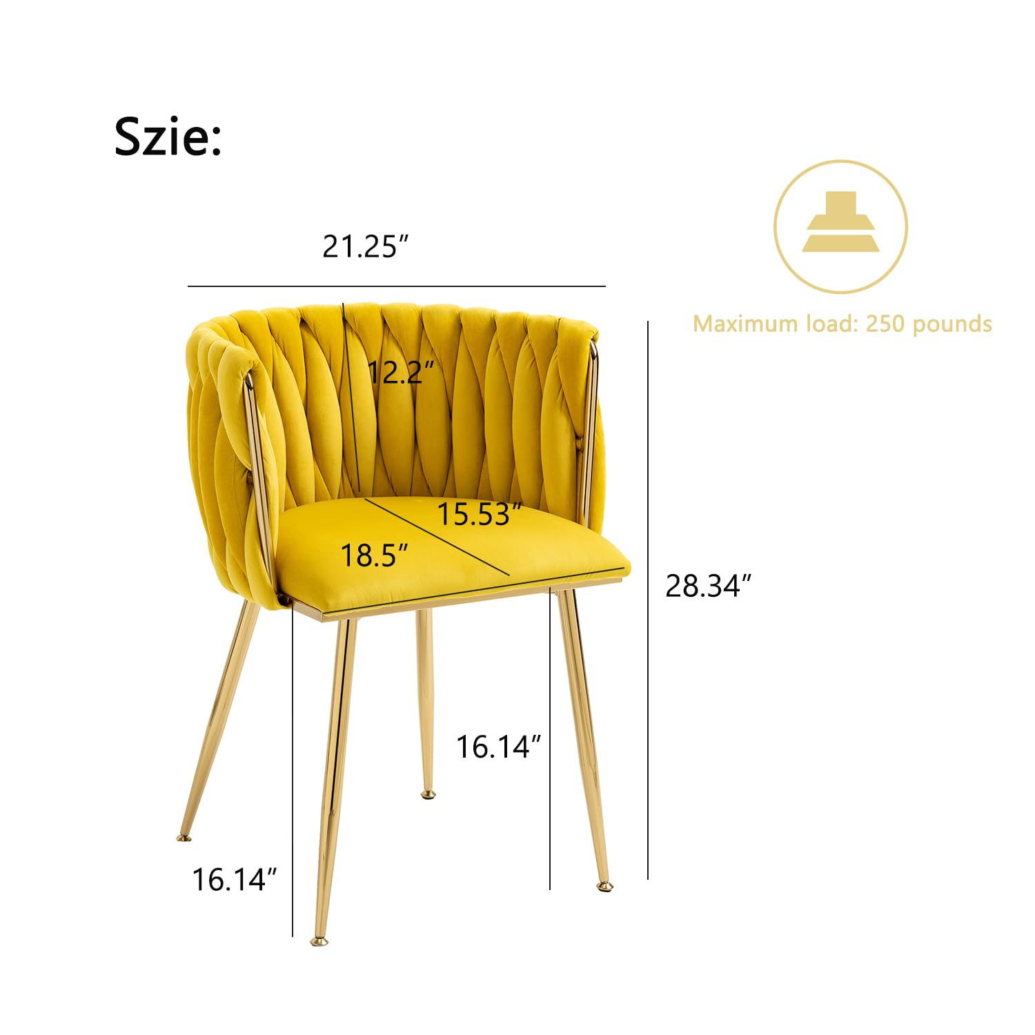 Nrizc Set of 2 Modern Velvet Upholstered Dining Chairs with Gold Metal Legs - Woven Accent Chairs for Living Room, Kitchen & Dining Room - Comfortable & Stylish Seating for Home Decor (Yellow) - Perfect for Dinner Parties, Family Gatherings & Cozy Breakfast Nooks