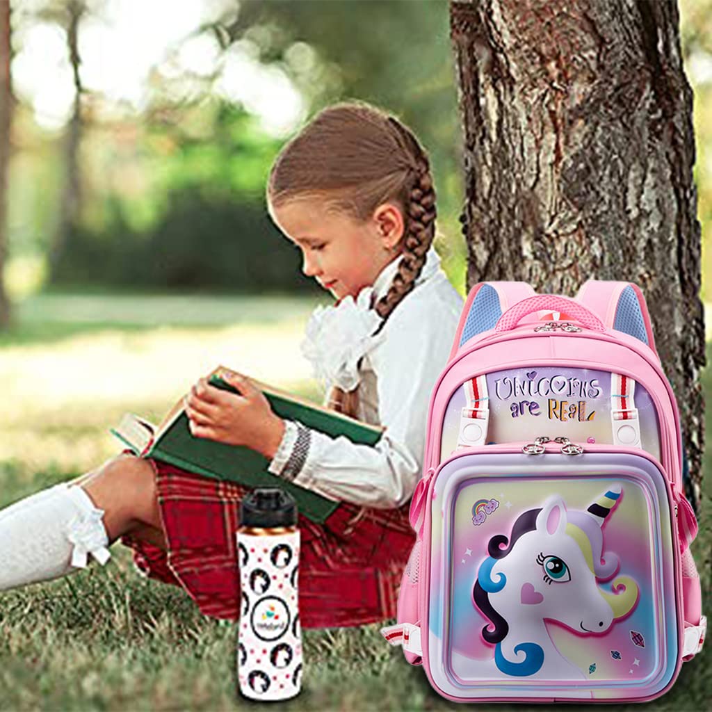 Venzina® 2 in 1 Unicorn Backpack & Messenger Bag - 16 Inch Cute Cartoon School Backpack for Girls, Kids Gift, Primary School Essentials (Pink) - Perfect for School, Travel & Daily Use