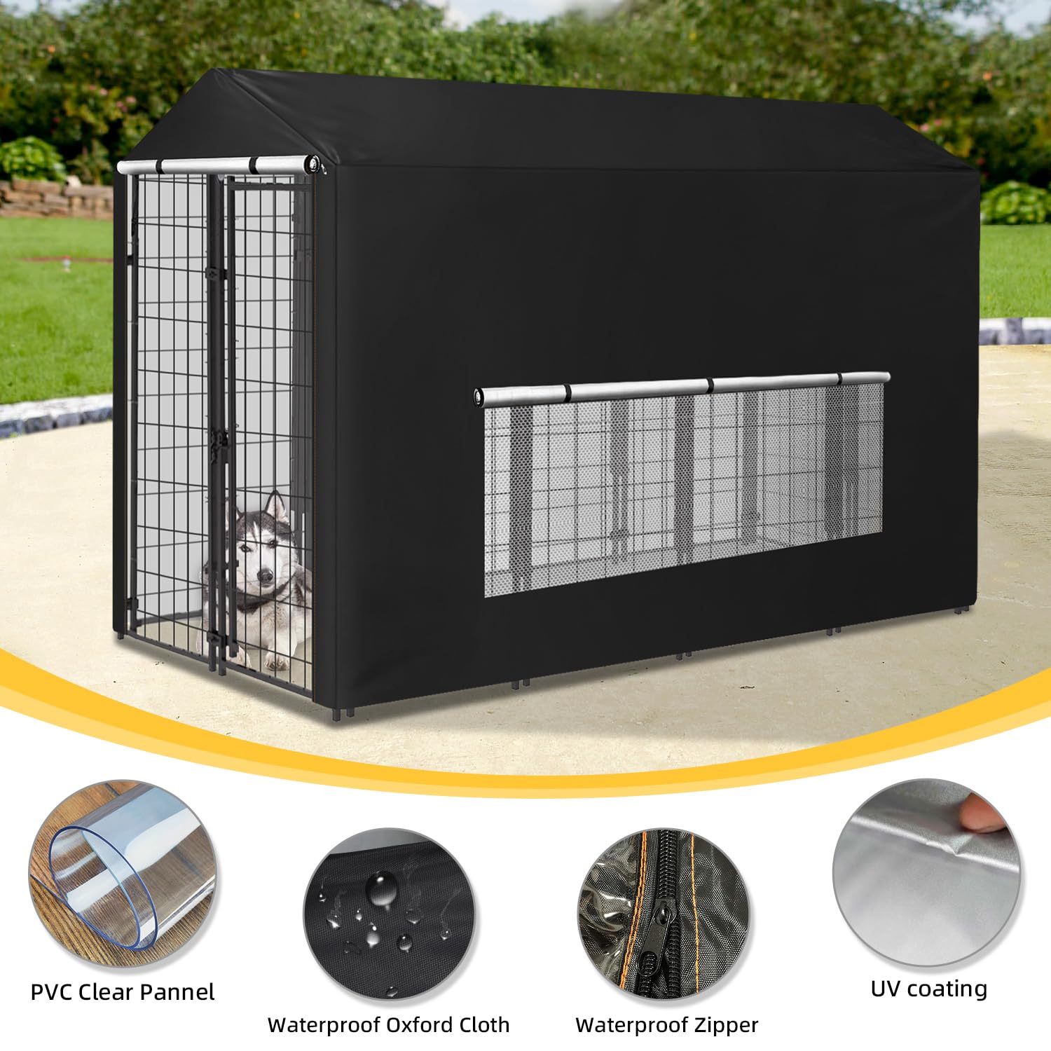 **Large Waterproof Outdoor Dog Kennel Cover with Anti-UV Mesh Window & Clear View Panel - Fully Enclosed Shade for Playpen, Crate, or Patio - Perfect for Sun Protection & Rainy Days**