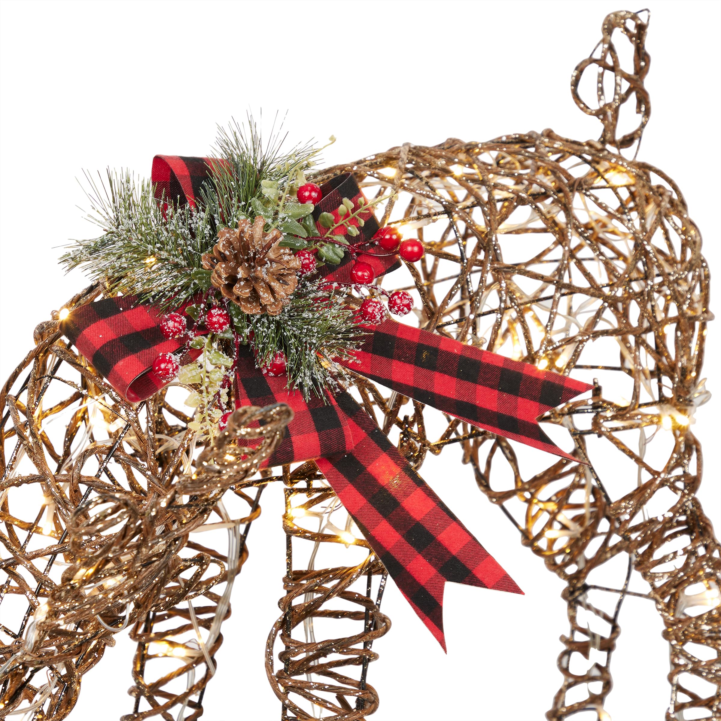 Rattan Grazing Reindeer with Bow & LED Lights - Christmas Holiday Home Decor for Mantel, Tabletop, and Outdoor Garden