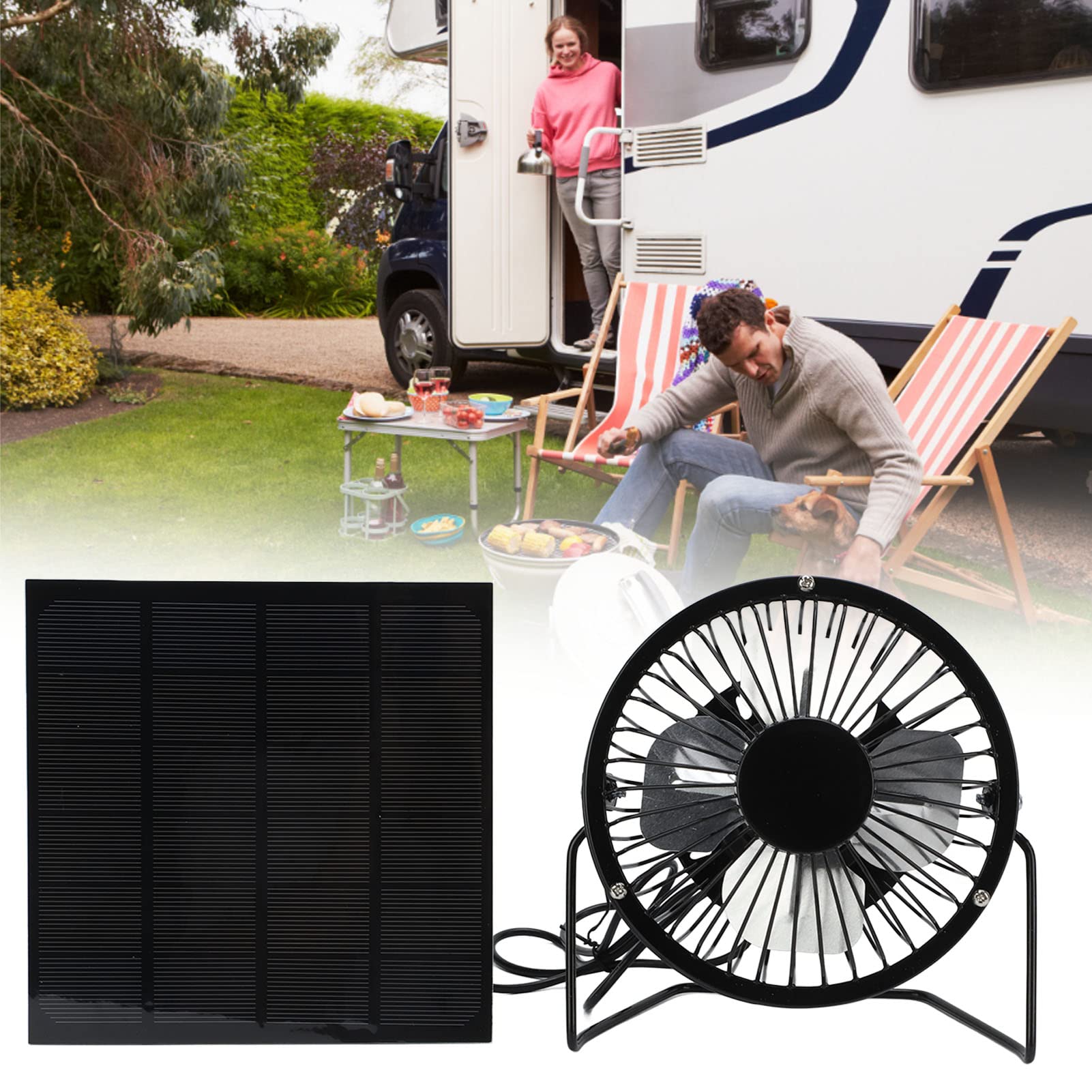 Jiawu 4 Inch Solar Panel Powered Fan - 3W 6V USB Portable Cooling Fan with 360°Adjustable Head, Ultra Quiet Mini Exhaust Fan for Car, Home, Outdoor, Travel & Camping - Perfect for Ventilation in Vehicles, Tents, RVs and Workspaces