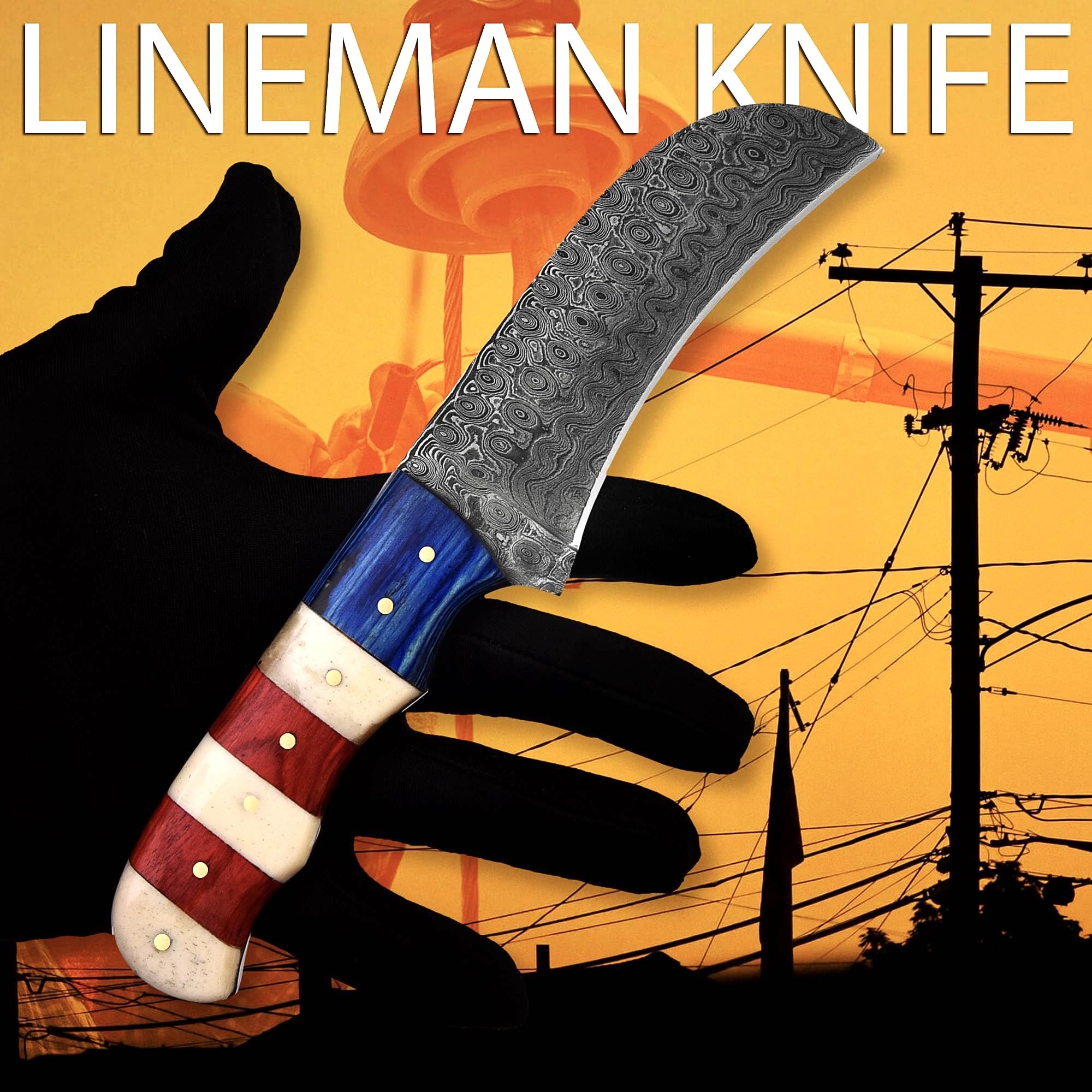 Premium 1095 Steel Lineman's Hawkbill Knife - Handmade Fixed Blade Electrician Wire Skinning Knife with Leather Sheath | Heavy Duty Utility Knife for Professionals (Raindrop Handle) | Ideal for Electrical Work, Outdoor Survival & DIY Projects