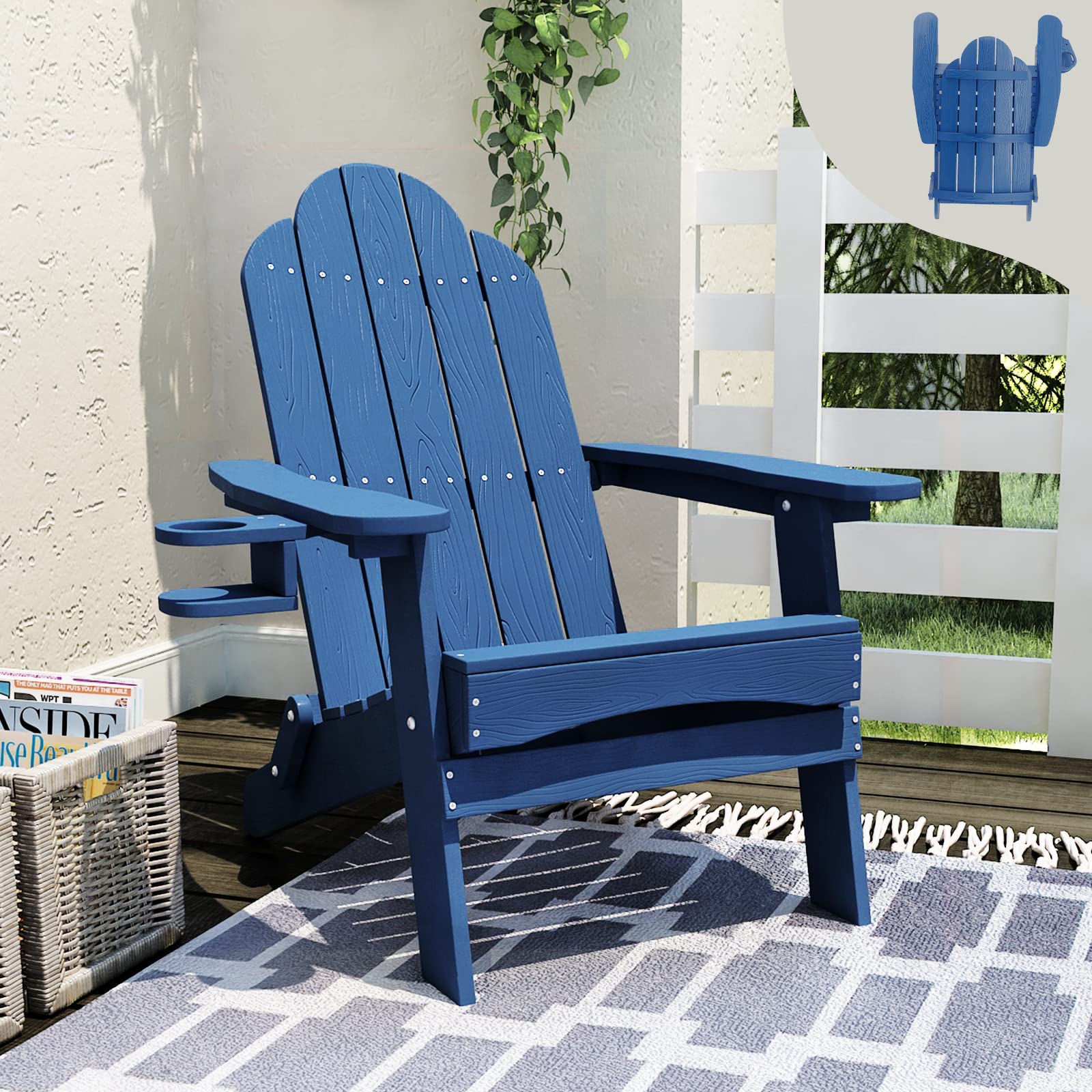LUE BONA Folding Adirondack Chair - Navy Blue Weather-Resistant Outdoor Patio Furniture with Cup Holder, HDPS Fire Pit Chairs for Backyard, Garden, Poolside & Camping