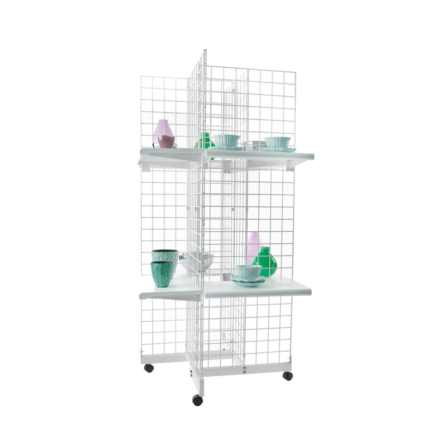 White 4-Way Wire Grid Tower with Base & Casters - 2' x 6' Wire Grid Panel 4-Sided Rolling Display Rack for Retail Stores, Trade Shows & Warehouse Organization