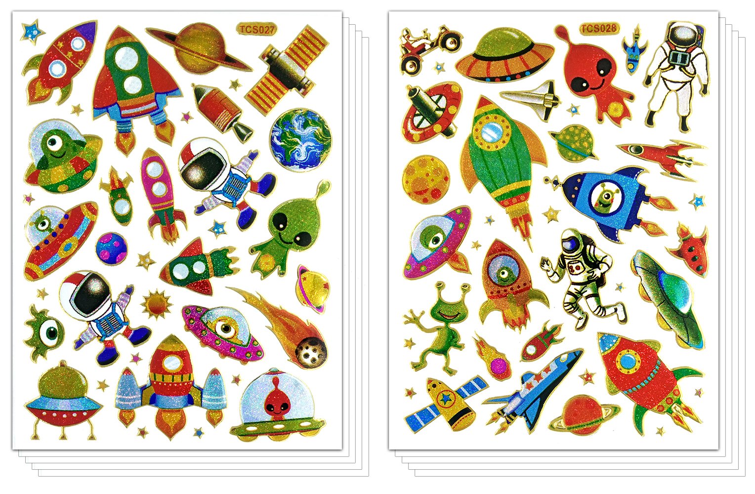 10 Sheets Space-Themed Self-Adhesive Glitter Metallic Foil Stickers - Reflective Decorative Scrapbook Supplies for Kids, DIY Party, Photo Albums, Greeting Cards & Journals (Astronaut, Alien, UFO, Saturn, Satellite, Meteor, Earth) - Perfect for School Projects, Birthday Decorations & Crafting