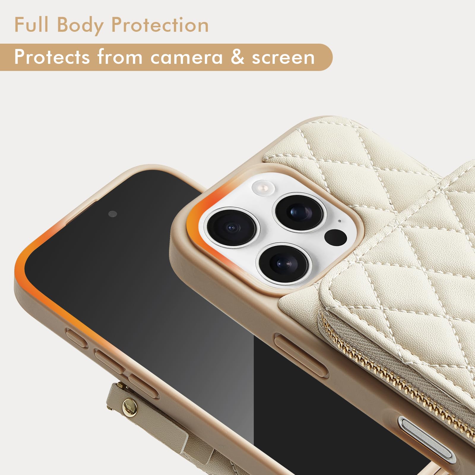 LAMEEKU iPhone 16 Pro Wallet Case with Card Holder - Quilted Leather Zipper Crossbody Phone Purse for Women (6.3 inch, Beige) | Perfect for Shopping, Travel & Everyday Use