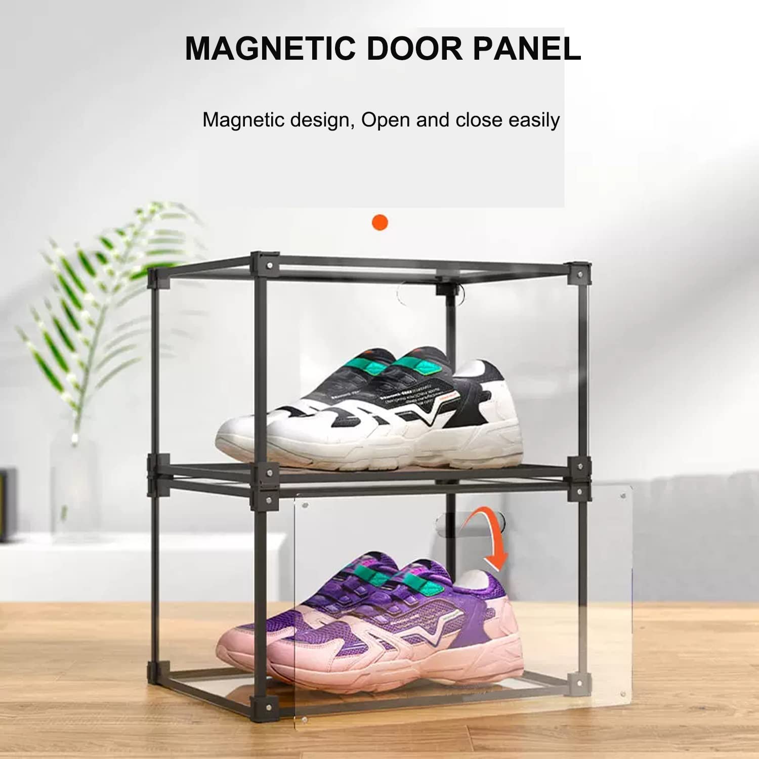 Clear Plastic Shoe Storage Box Organizer - 16-Piece Set with Magnetic Side Opening (Black) | Perfect for Closet Organization, Sneaker Display, and Home Storage Solutions
