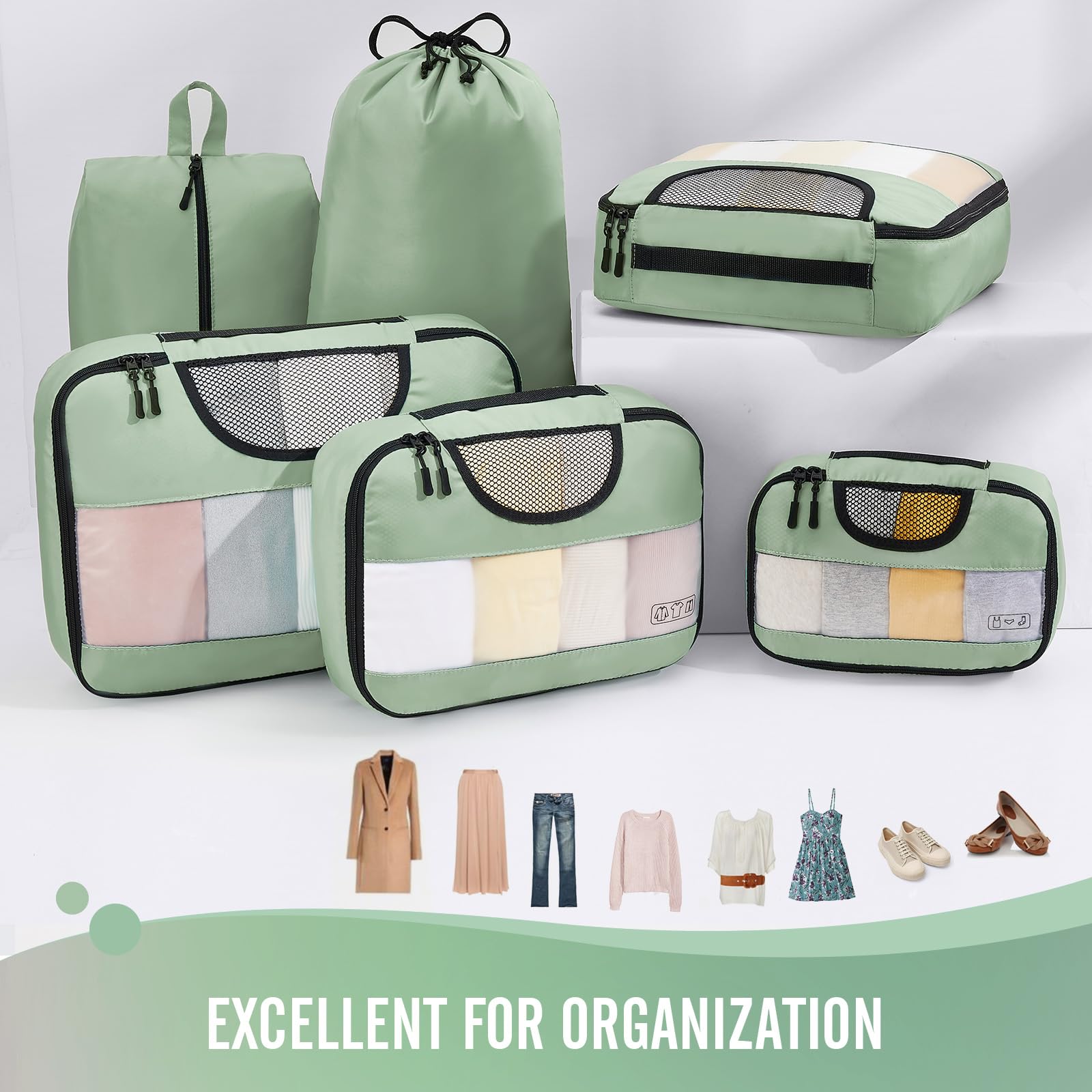 Veken 6-Piece Packing Cubes Set for Suitcases - Travel Organizer Bags in 4 Sizes (XL, L, M, S) - Matcha Green - Perfect for Carry-On Luggage, Business Trips & Vacation Packing