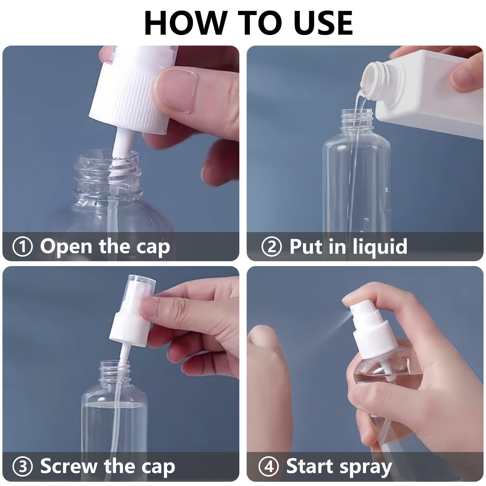 4 Pack 3.4 Oz (100ml) TSA Approved Travel Size Spray Bottles - Fine Mist Refillable Leak Proof Toiletry Containers with Labels for Shampoo, Lotion & Cosmetics | Perfect for Airplane Carry-on, Gym & Travel Essentials
