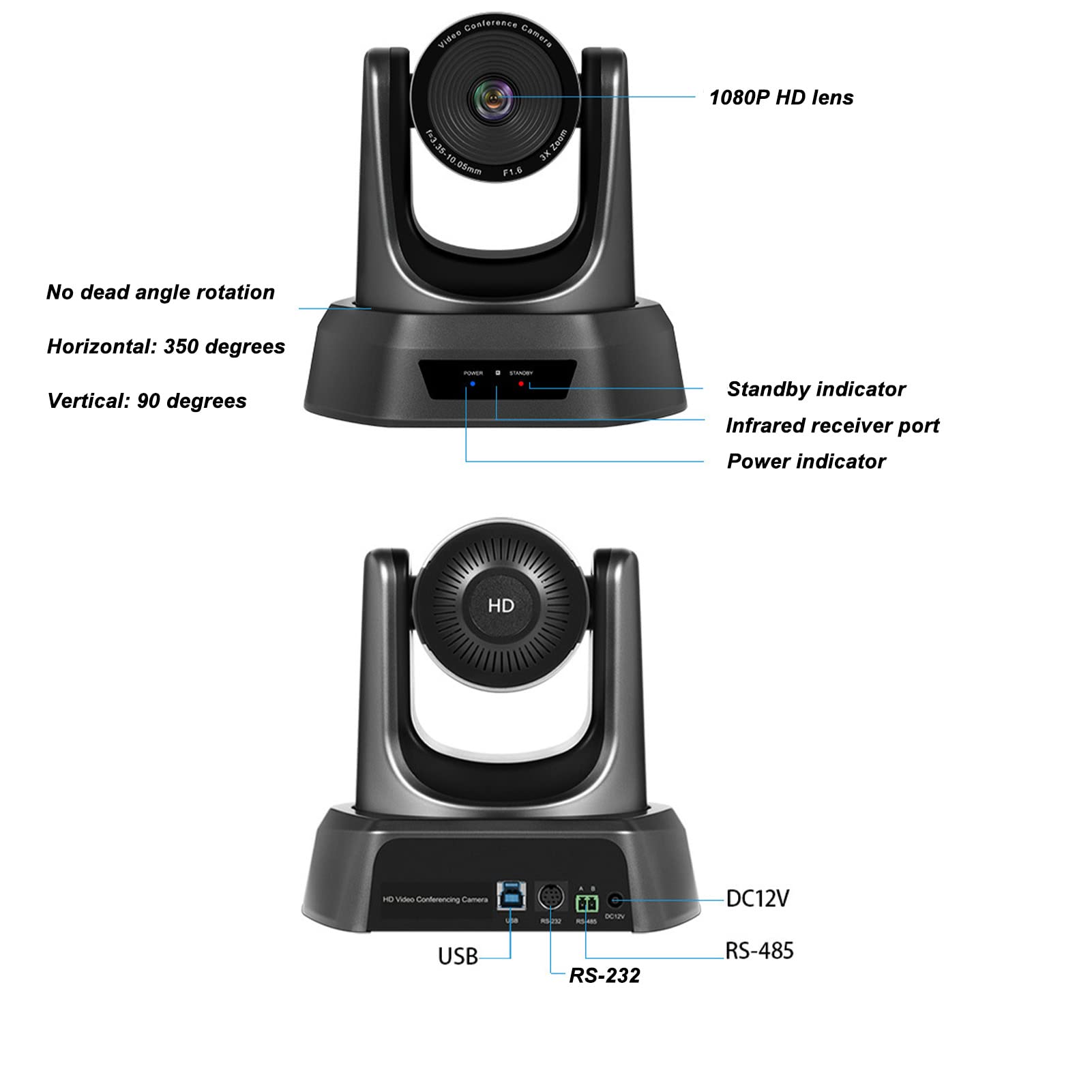 USB PTZ Camera with 3X Optical Zoom - 3 Installation Methods, 128° Wide Angle, Preset Positioning for Video Conferencing & Business Meetings (100-240V, US Plug) - Perfect for Conference Rooms, Online Classes & Remote Work