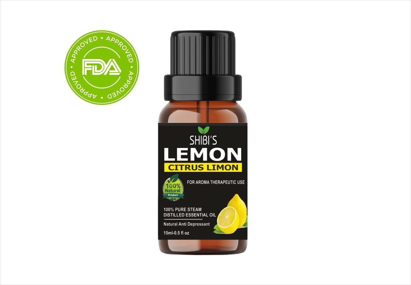 Shibi's Pure Natural Lemon Essential Oil 15ml - Organic Aromatherapy Oil for Face, Hair, Skin Care & Nail Treatment | Home Cleaning & Diffuser Use | Stress Relief & Mood Booster